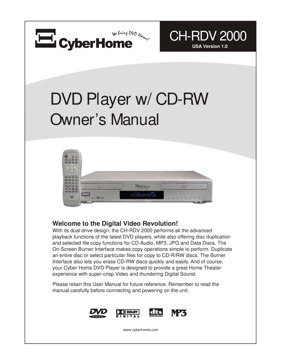 CyberHome Entertainment CH-RDV 2000 owner manual DVD Player w/ CD-RW 