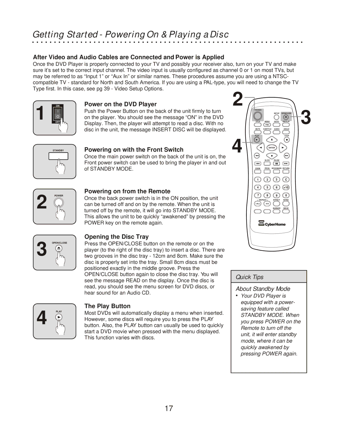 CyberHome Entertainment CH-RDV 2000 owner manual Getting Started Powering On & Playing a Disc 