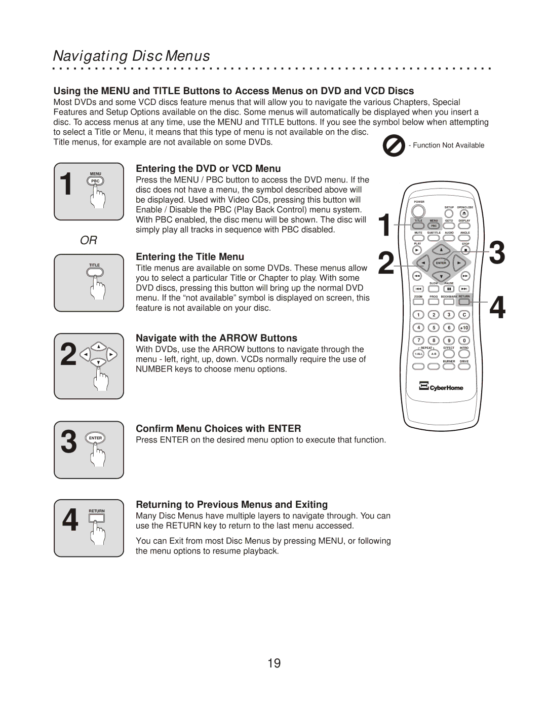 CyberHome Entertainment CH-RDV 2000 owner manual Navigating Disc Menus 