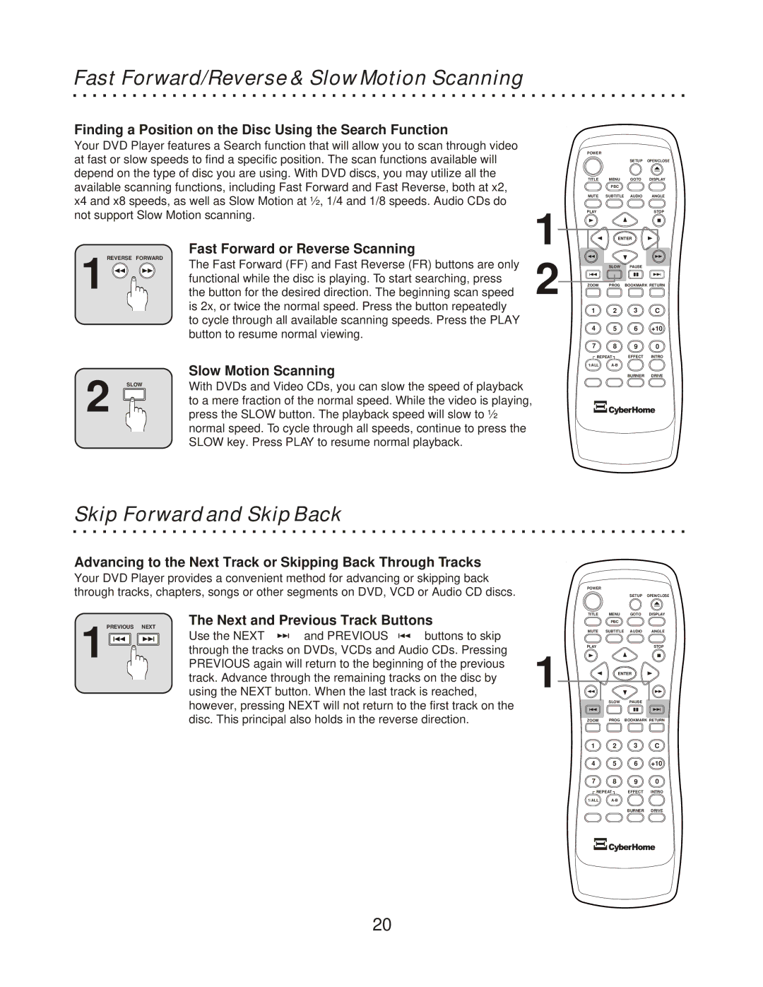 CyberHome Entertainment CH-RDV 2000 Skip Forward and Skip Back, Slow Motion Scanning, Next and Previous Track Buttons 