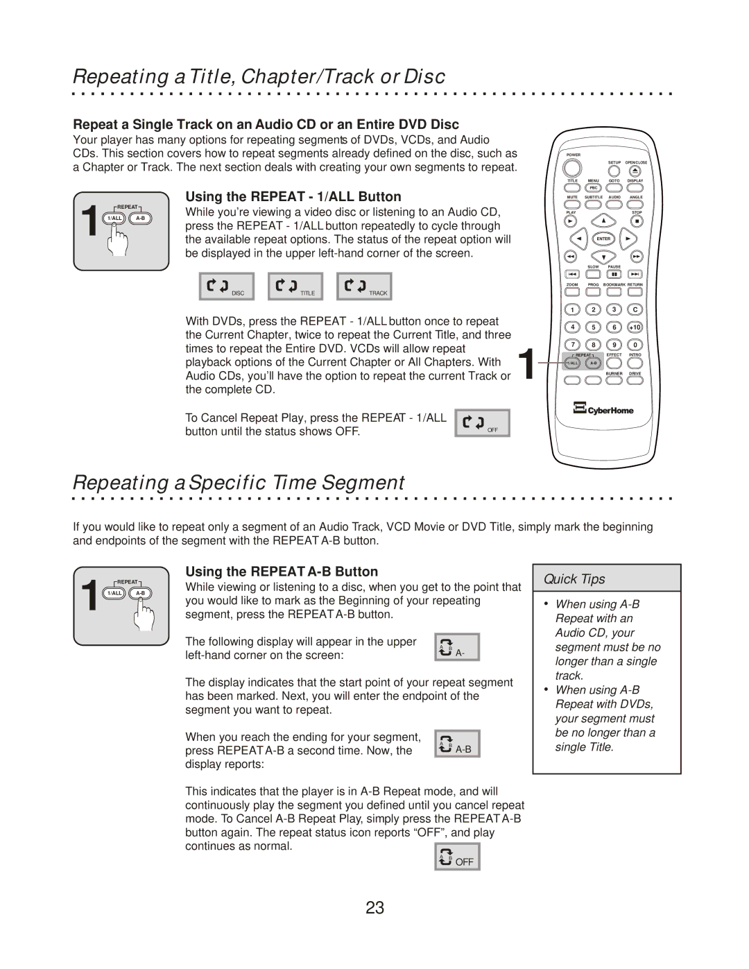 CyberHome Entertainment CH-RDV 2000 Repeating a Title, Chapter/Track or Disc, Repeating a Specific Time Segment 