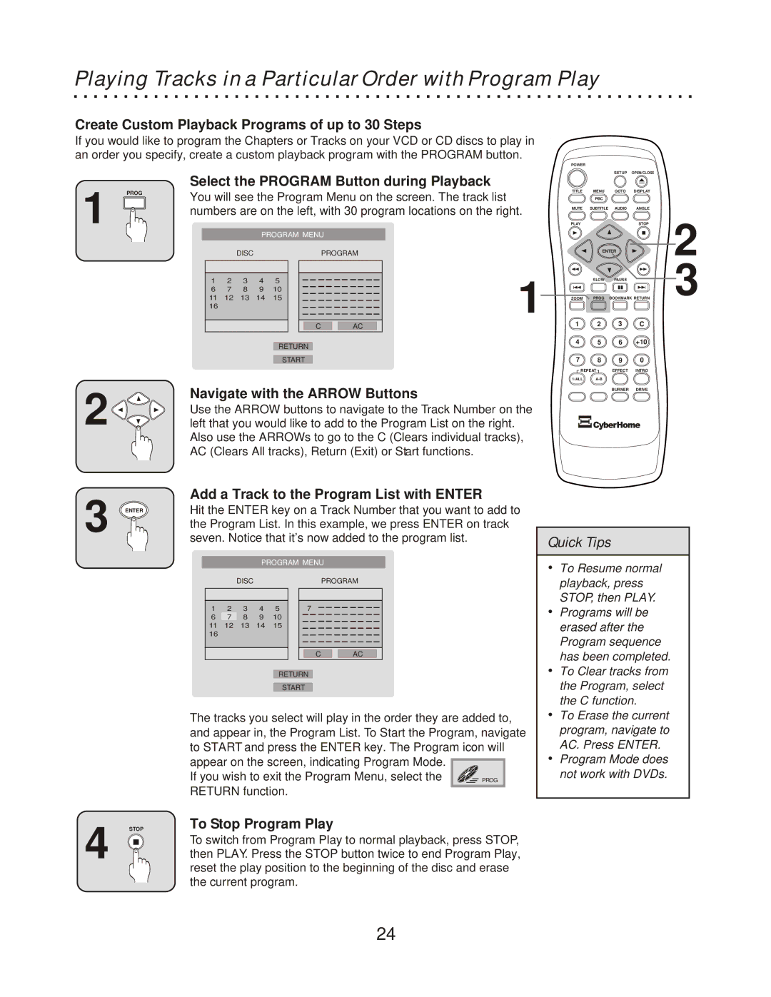 CyberHome Entertainment CH-RDV 2000 Playing Tracks in a Particular Order with Program Play, To Stop Program Play 