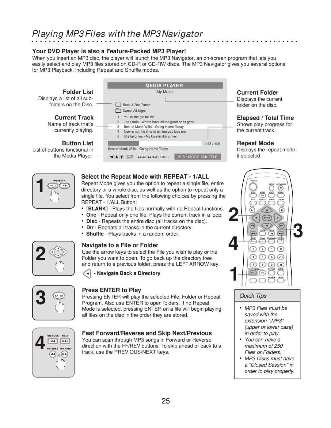 CyberHome Entertainment CH-RDV 2000 owner manual Playing MP3 Files with the MP3 Navigator 