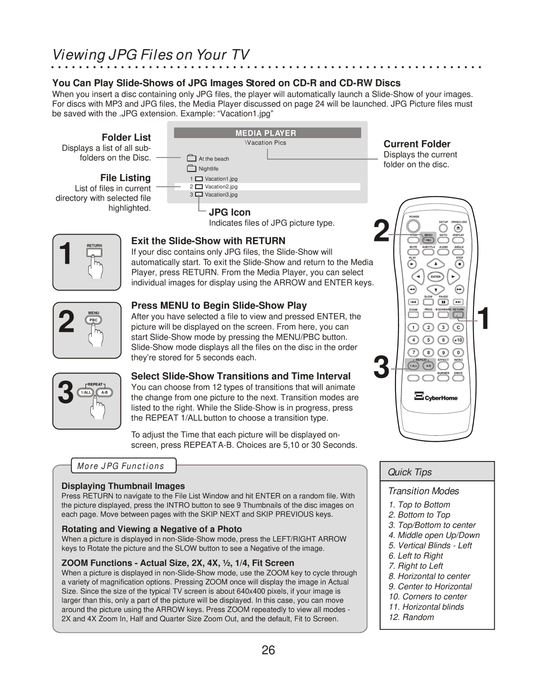 CyberHome Entertainment CH-RDV 2000 owner manual Viewing JPG Files on Your TV 