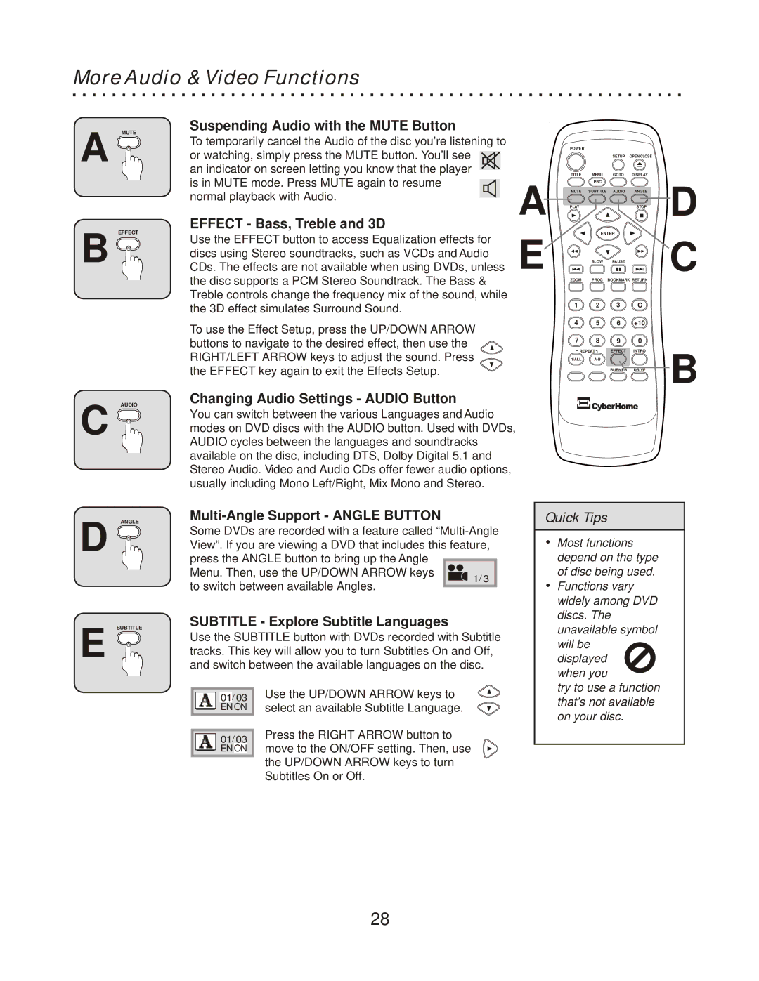 CyberHome Entertainment CH-RDV 2000 owner manual More Audio & Video Functions 