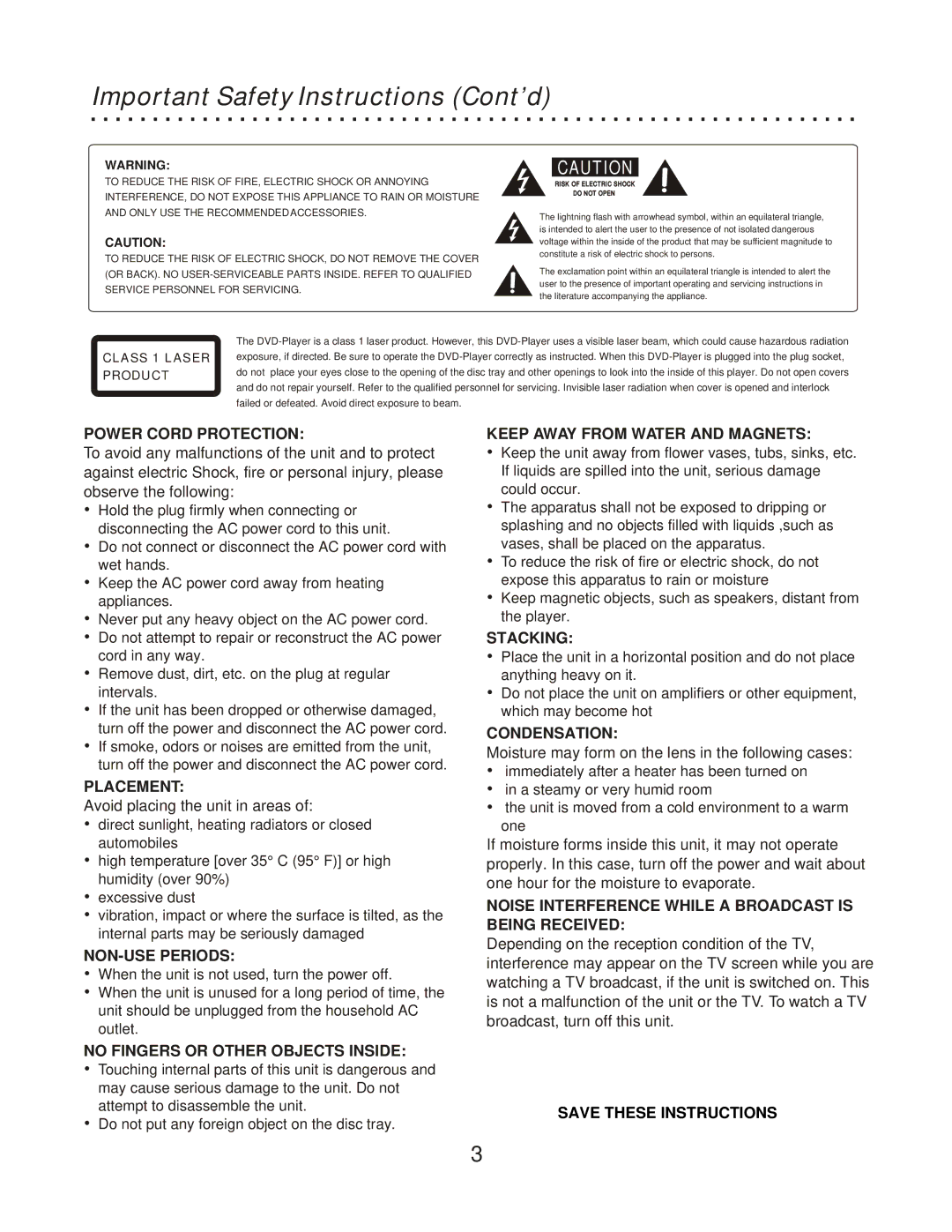 CyberHome Entertainment CH-RDV 2000 owner manual Important Safety Instructions Cont’d, Class 1 Laser Product 