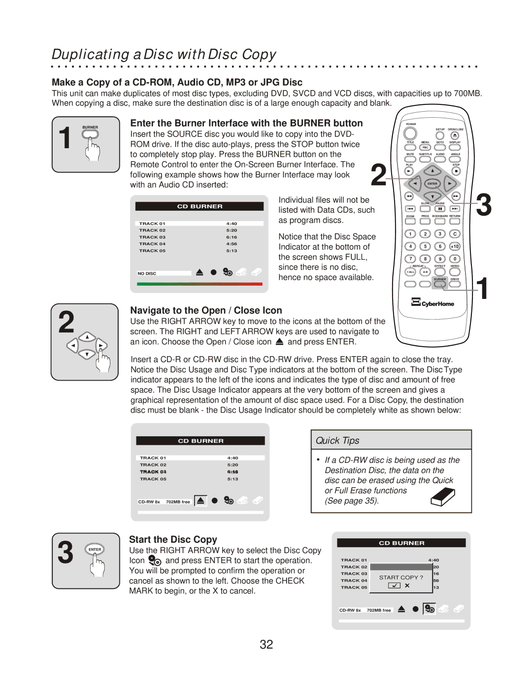 CyberHome Entertainment CH-RDV 2000 Duplicating a Disc with Disc Copy, Make a Copy of a CD-ROM, Audio CD, MP3 or JPG Disc 