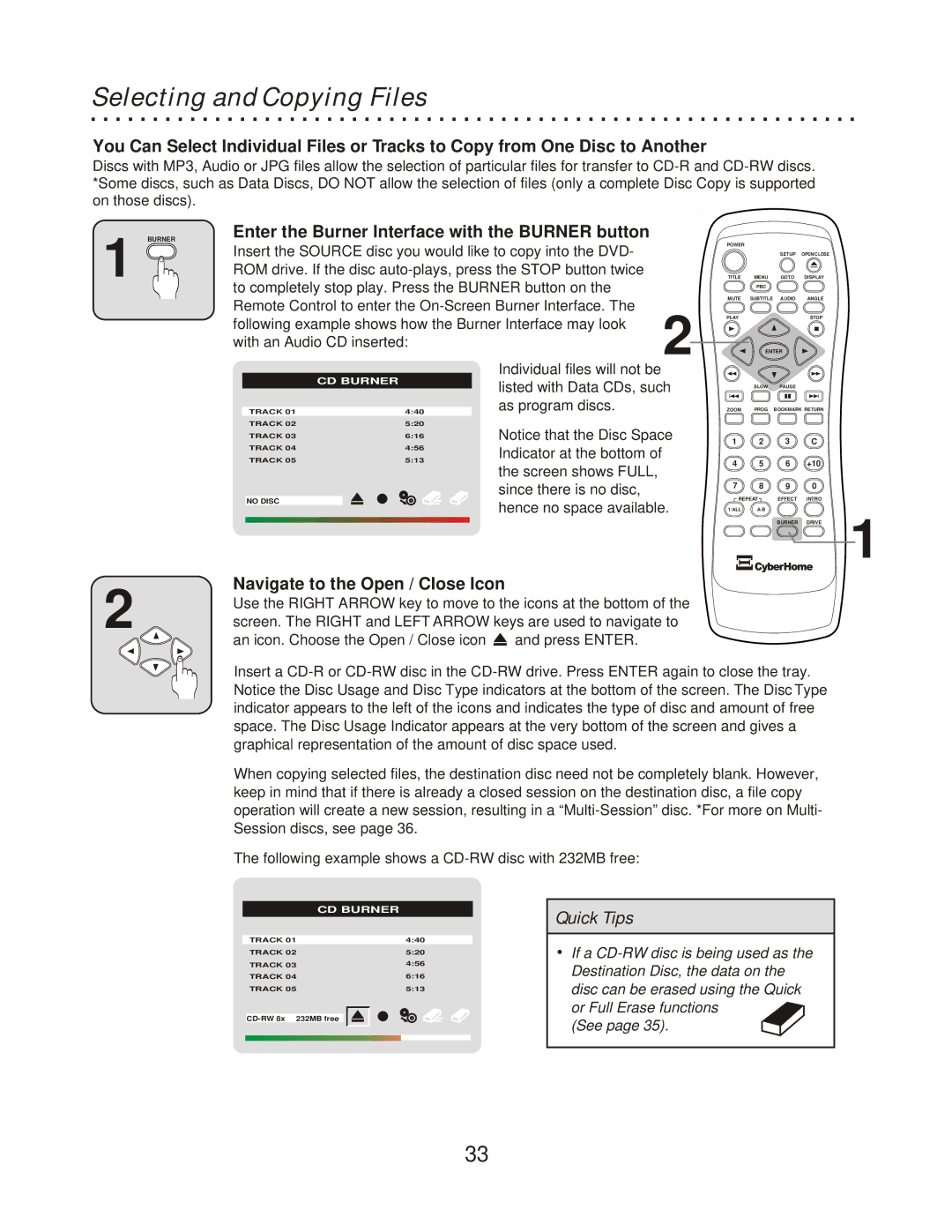 CyberHome Entertainment CH-RDV 2000 owner manual Selecting and Copying Files, With an Audio CD inserted 