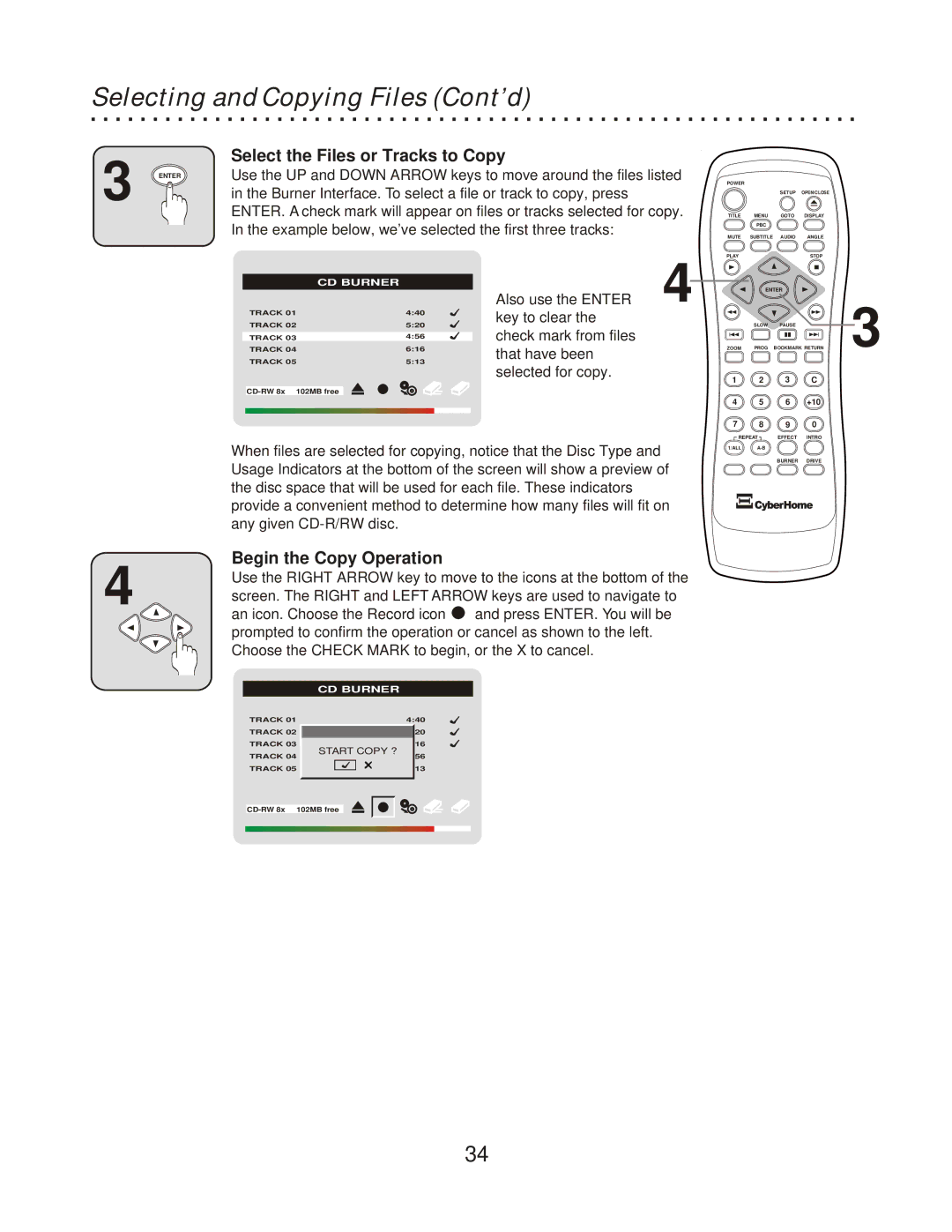 CyberHome Entertainment CH-RDV 2000 owner manual Selecting and Copying Files Cont’d, Select the Files or Tracks to Copy 