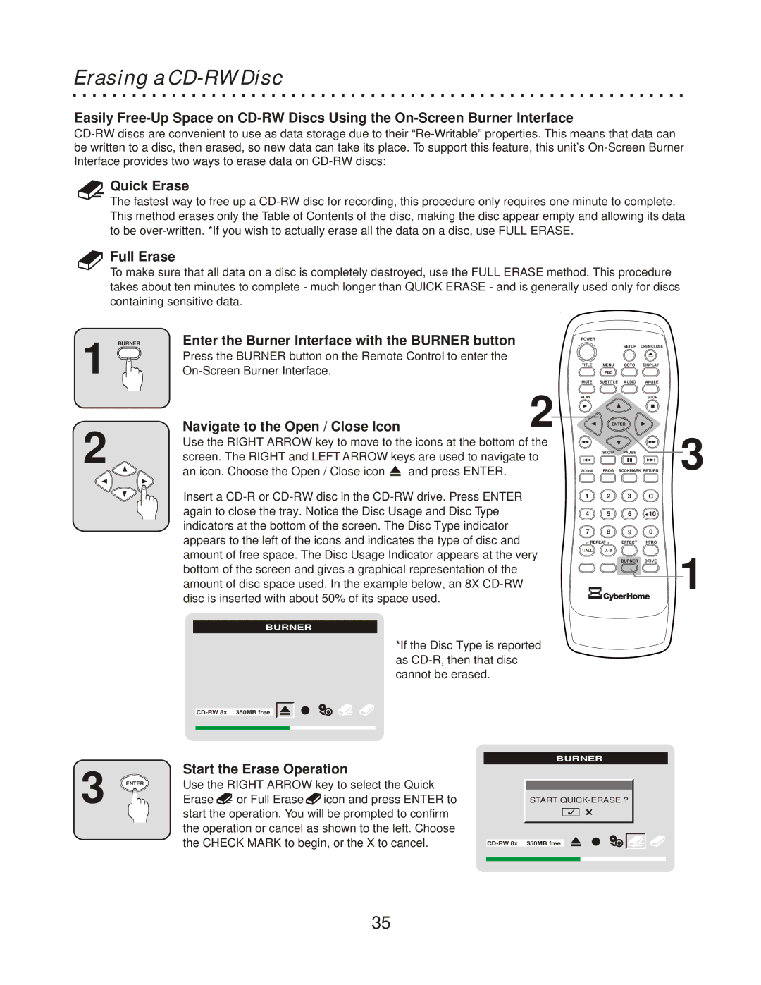 CyberHome Entertainment CH-RDV 2000 owner manual Erasing a CD-RW Disc, Quick Erase, Full Erase, Start the Erase Operation 