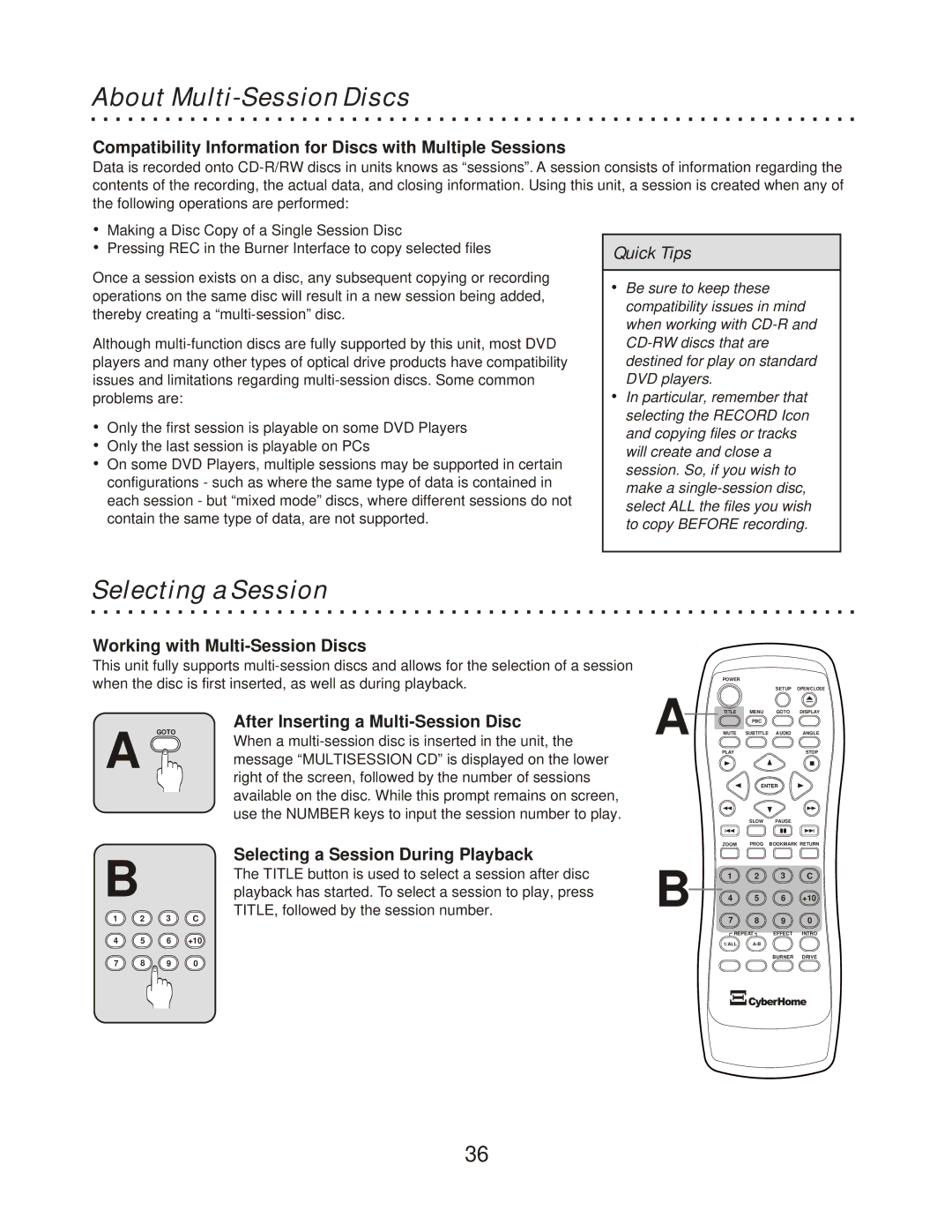 CyberHome Entertainment CH-RDV 2000 owner manual About Multi-Session Discs, Selecting a Session 