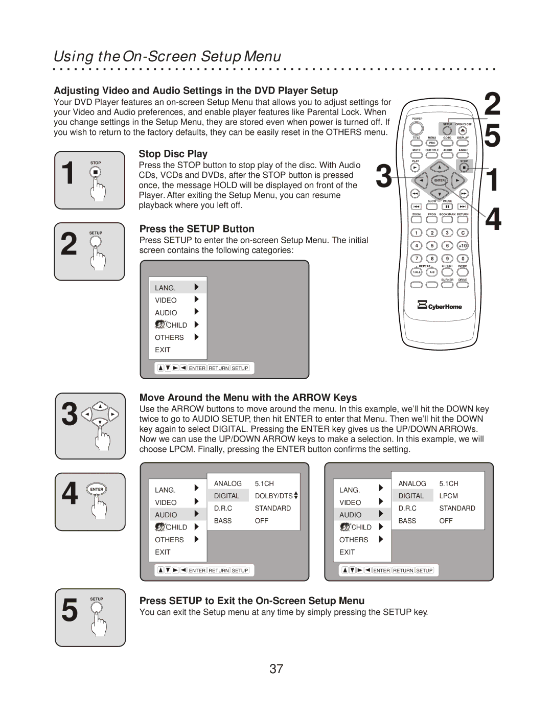 CyberHome Entertainment CH-RDV 2000 owner manual Using the On-Screen Setup Menu 