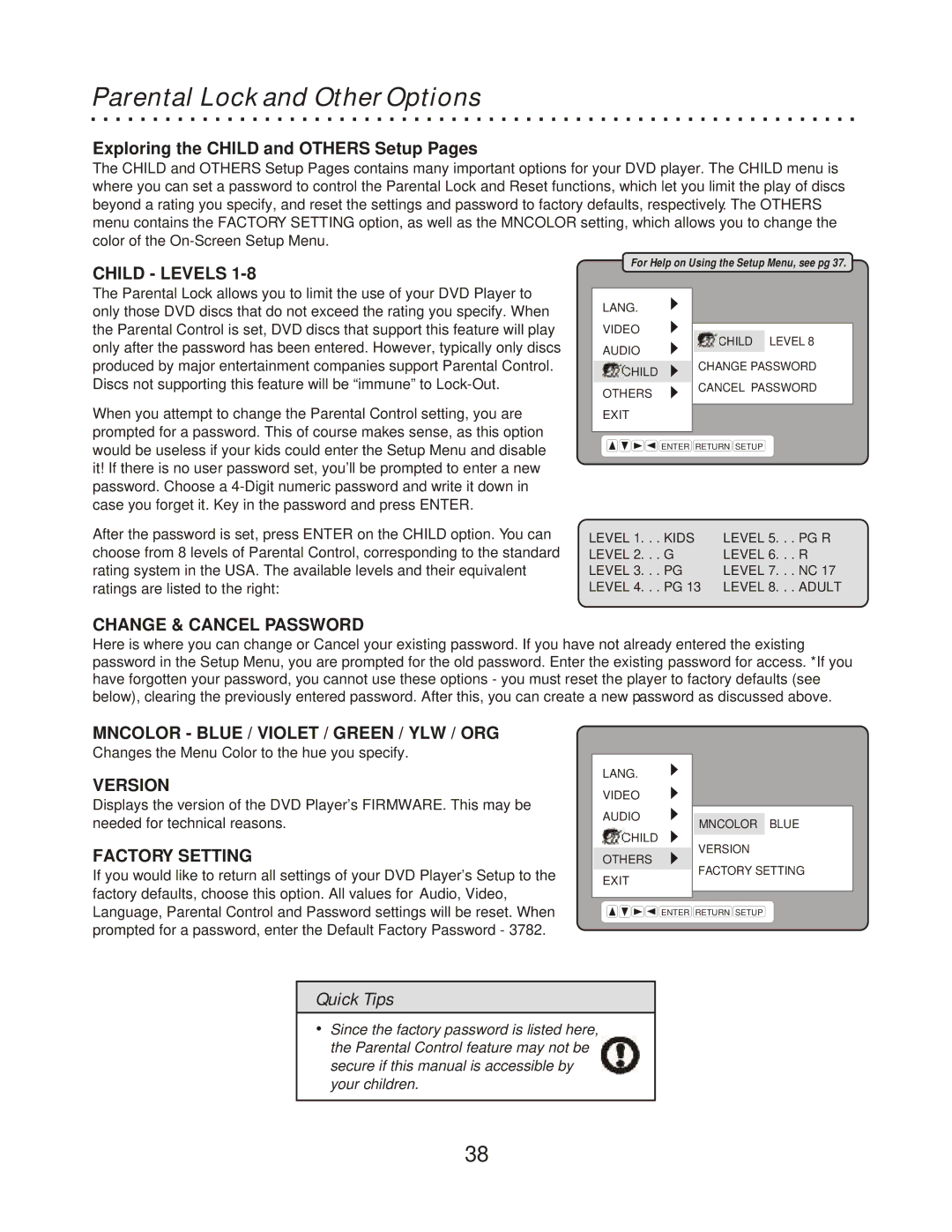 CyberHome Entertainment CH-RDV 2000 owner manual Parental Lock and Other Options 