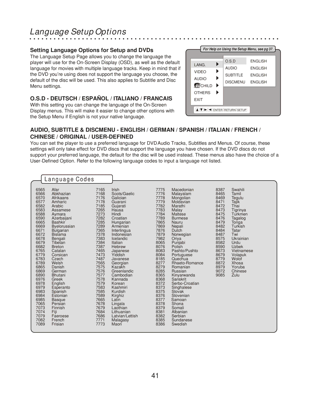 CyberHome Entertainment CH-RDV 2000 owner manual Language Setup Options, Setting Language Options for Setup and DVDs 