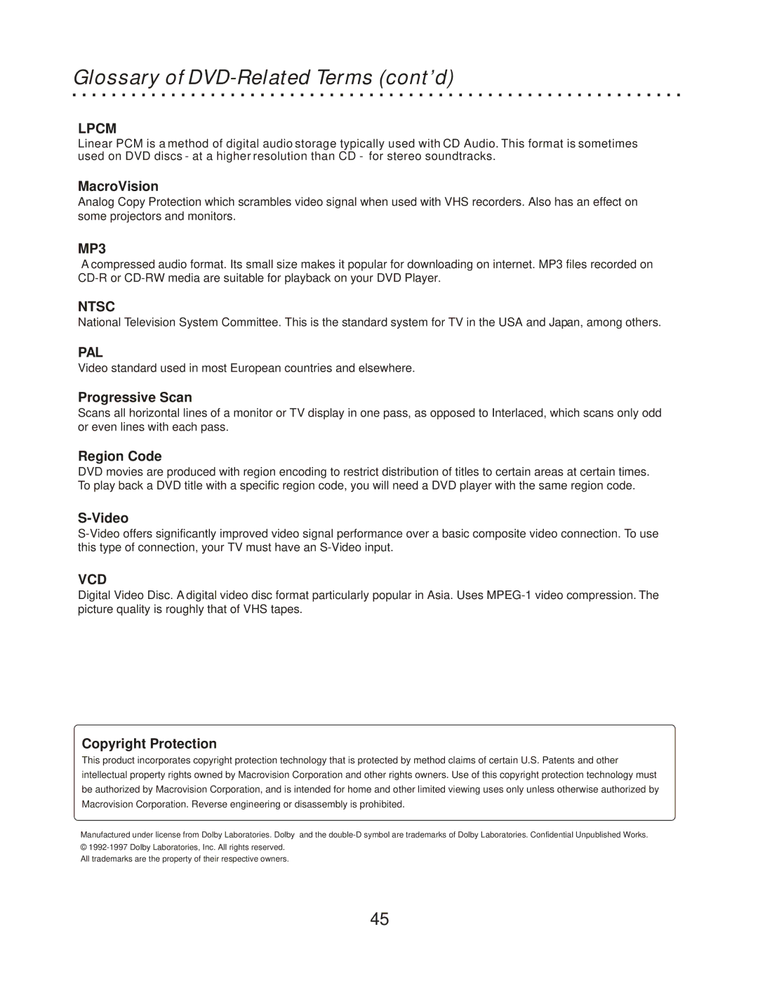 CyberHome Entertainment CH-RDV 2000 owner manual Glossary of DVD-Related Terms cont’d 