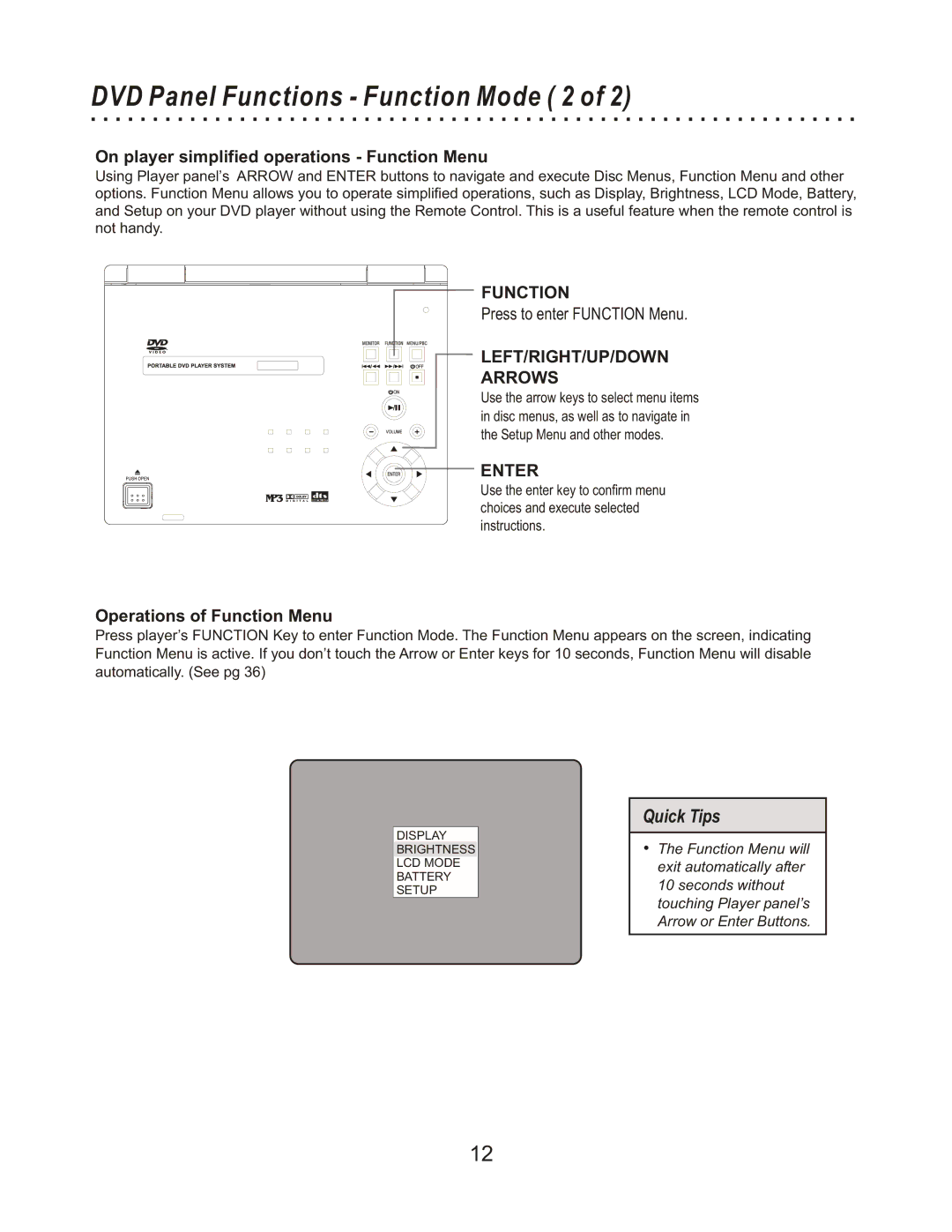 CyberHome Entertainment CHLDV712 DVD Panel Functions Function Mode 2, On player simplified operations Function Menu 