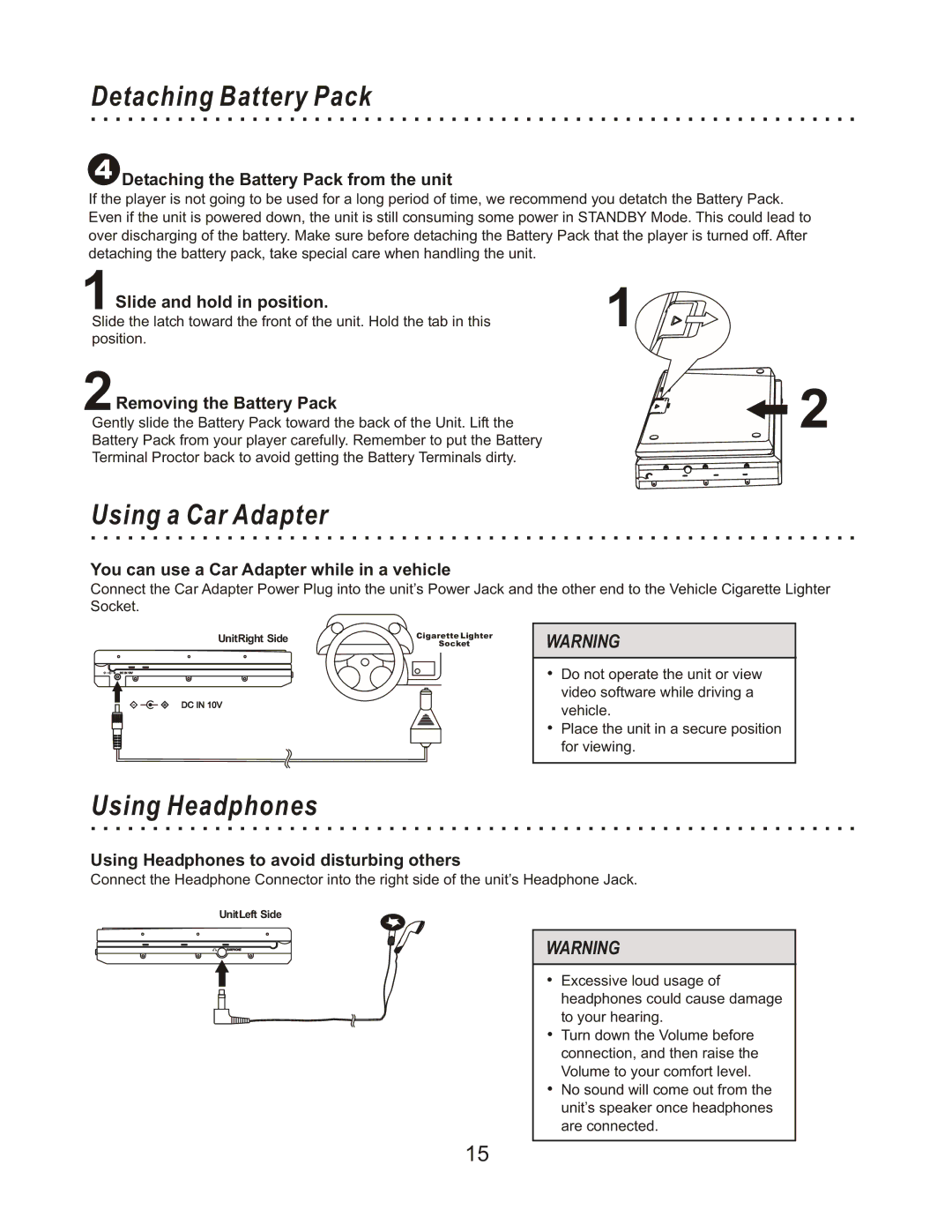 CyberHome Entertainment CHLDV712 owner manual Detaching Battery Pack, Using a Car Adapter, Using Headphones 