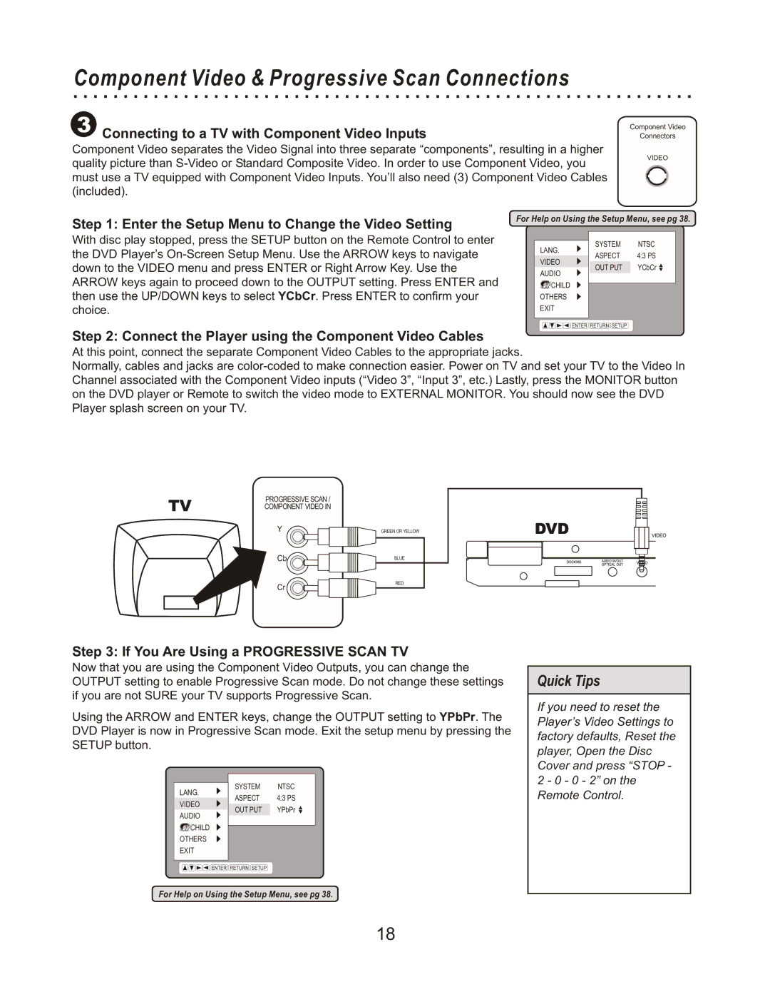 CyberHome Entertainment CHLDV712 Component Video & Progressive Scan Connections, If You Are Using a Progressive Scan TV 