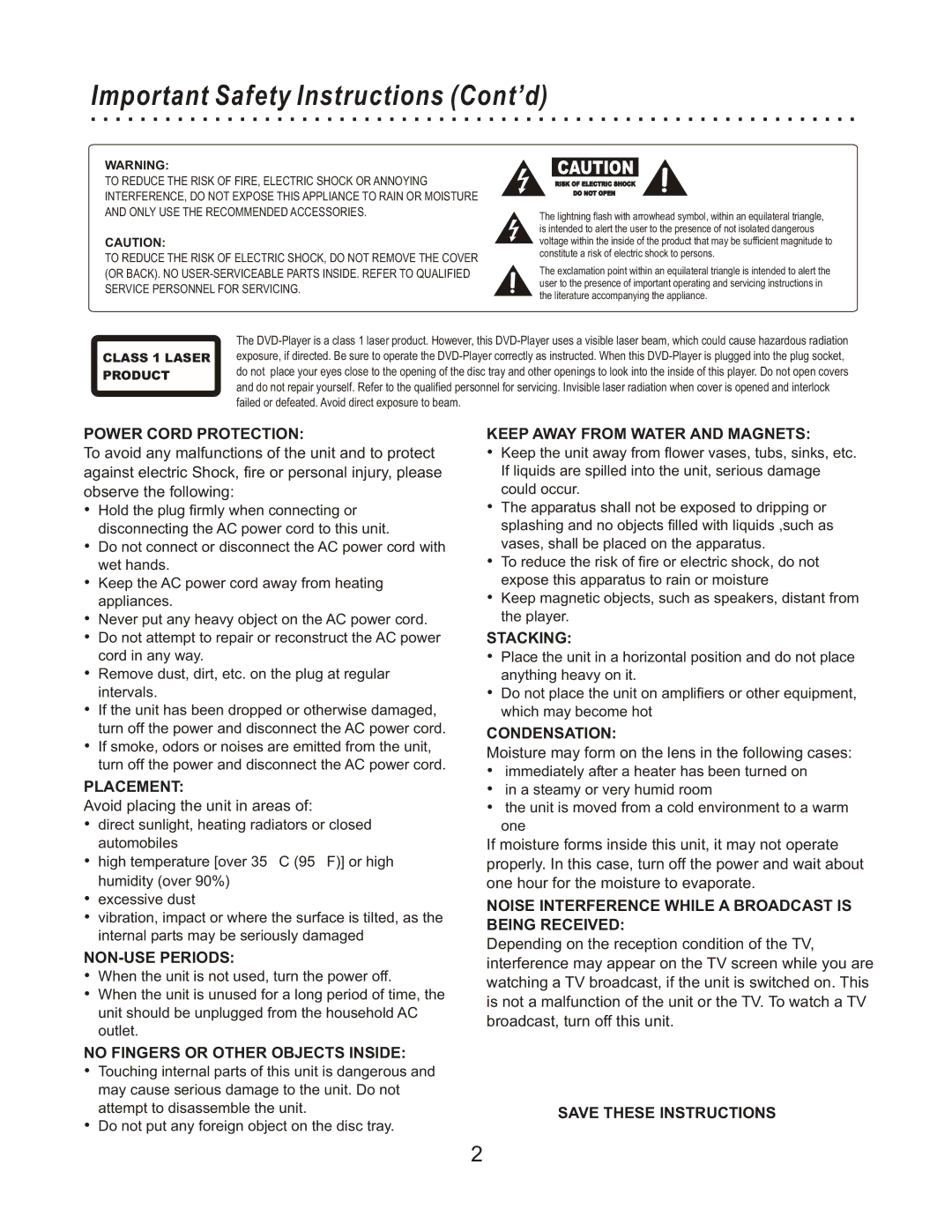 CyberHome Entertainment CHLDV712 owner manual Important Safety Instructions Cont’d, Power Cord Protection 