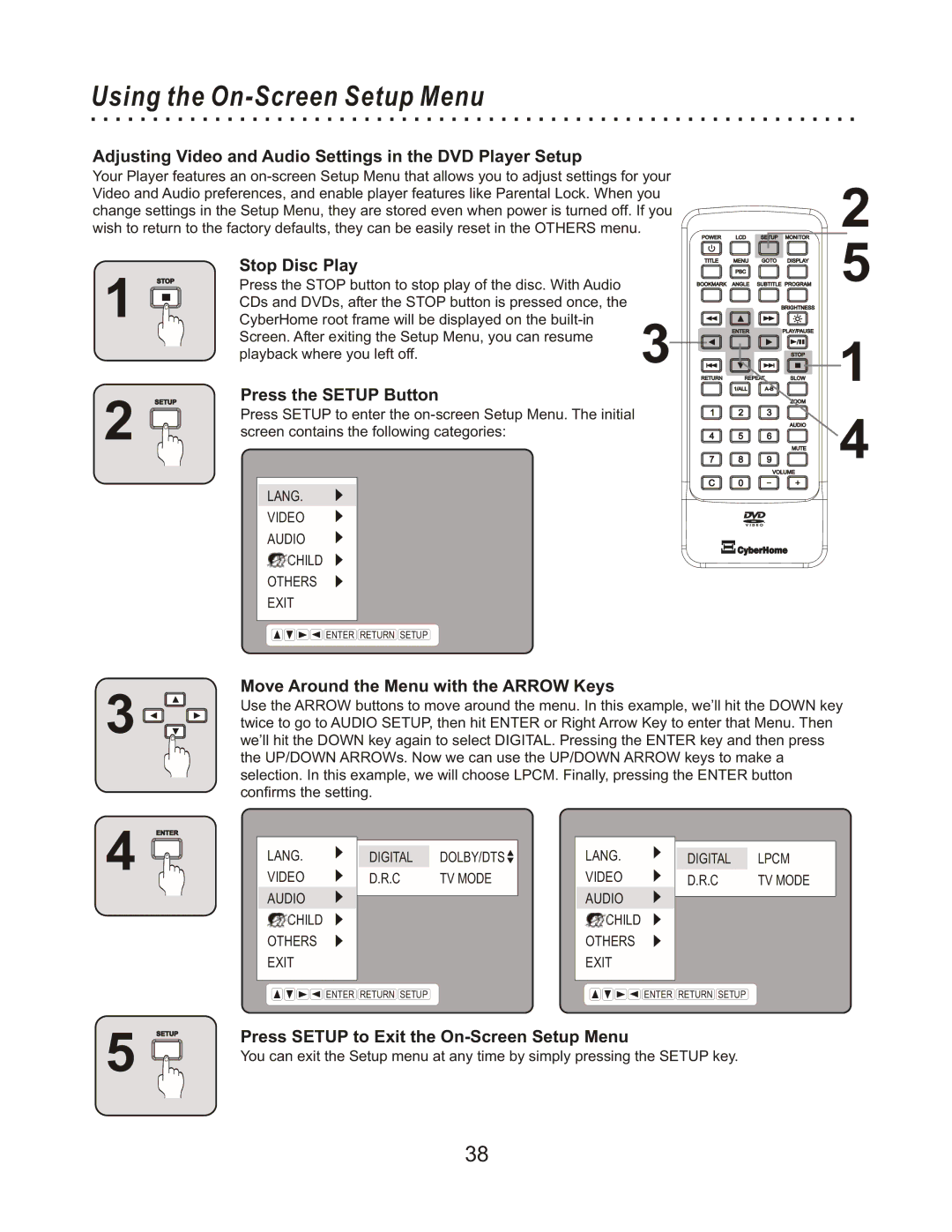 CyberHome Entertainment CHLDV712 owner manual Using the On-Screen Setup Menu, Stop Disc Play, Press the Setup Button 