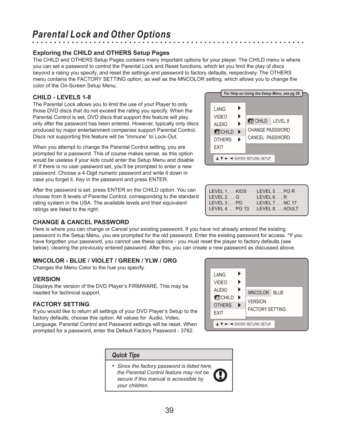 CyberHome Entertainment CHLDV712 owner manual Parental Lock and Other Options 