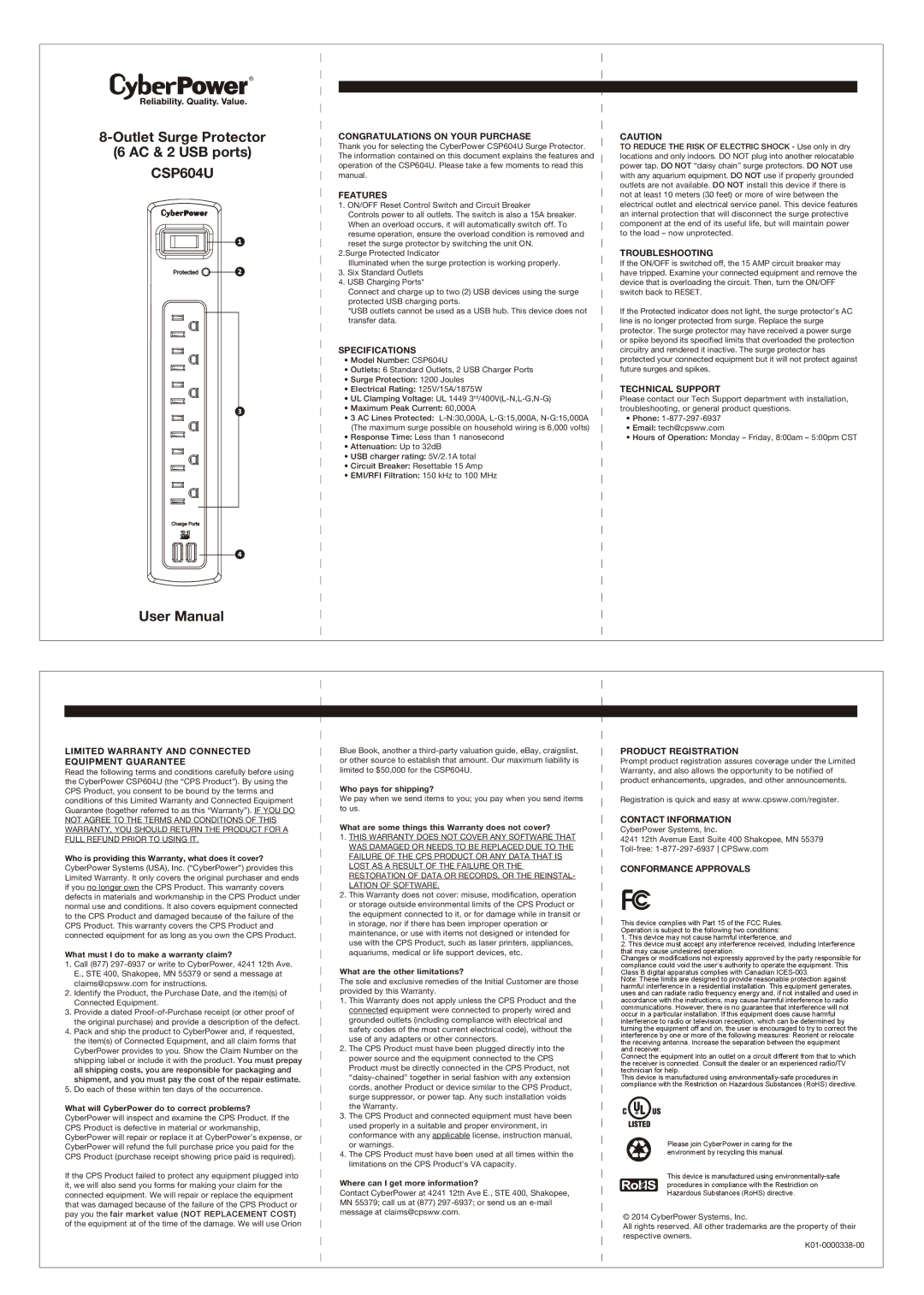 CyberPower 6 AC and2 usb ports specifications Congratulations on Your Purchase, Features, Specifications, Troubleshooting 