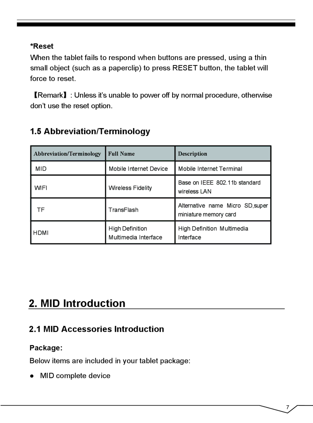 CyberPower 796TPC user manual MID Introduction, Abbreviation/Terminology, MID Accessories Introduction, Reset, Package 