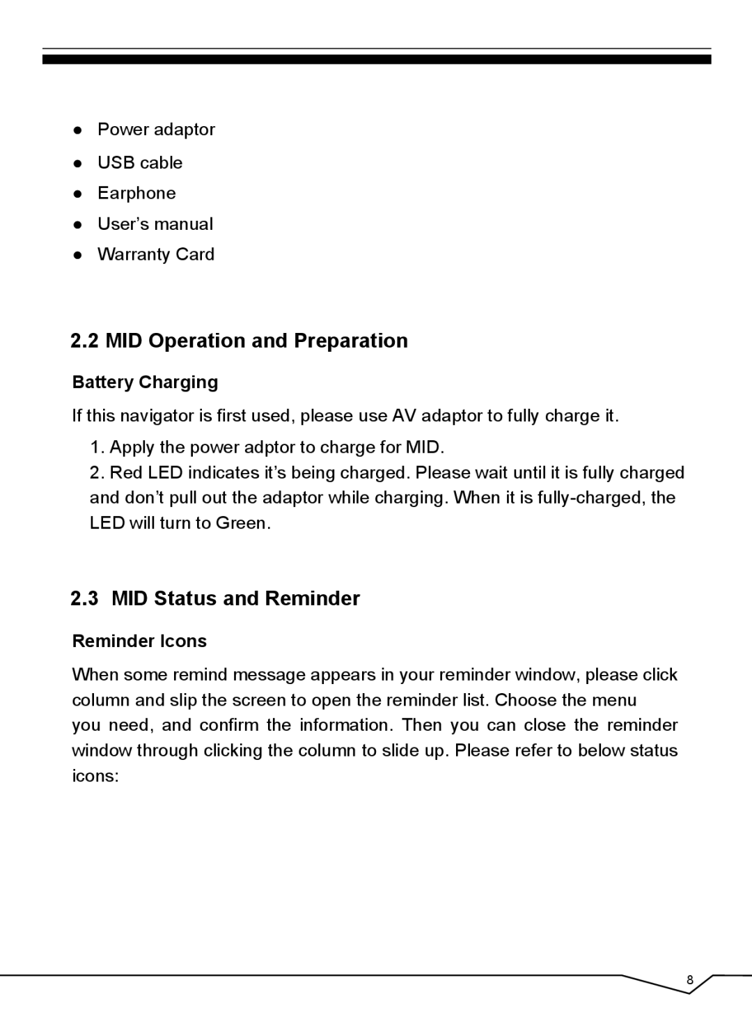 CyberPower 796TPC user manual MID Operation and Preparation, MID Status and Reminder, Battery Charging, Reminder Icons 