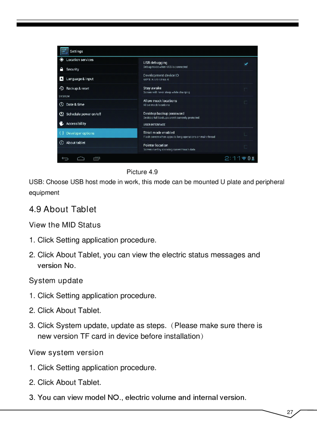 CyberPower 796TPC user manual About Tablet, View the MID Status, System update, View system version 