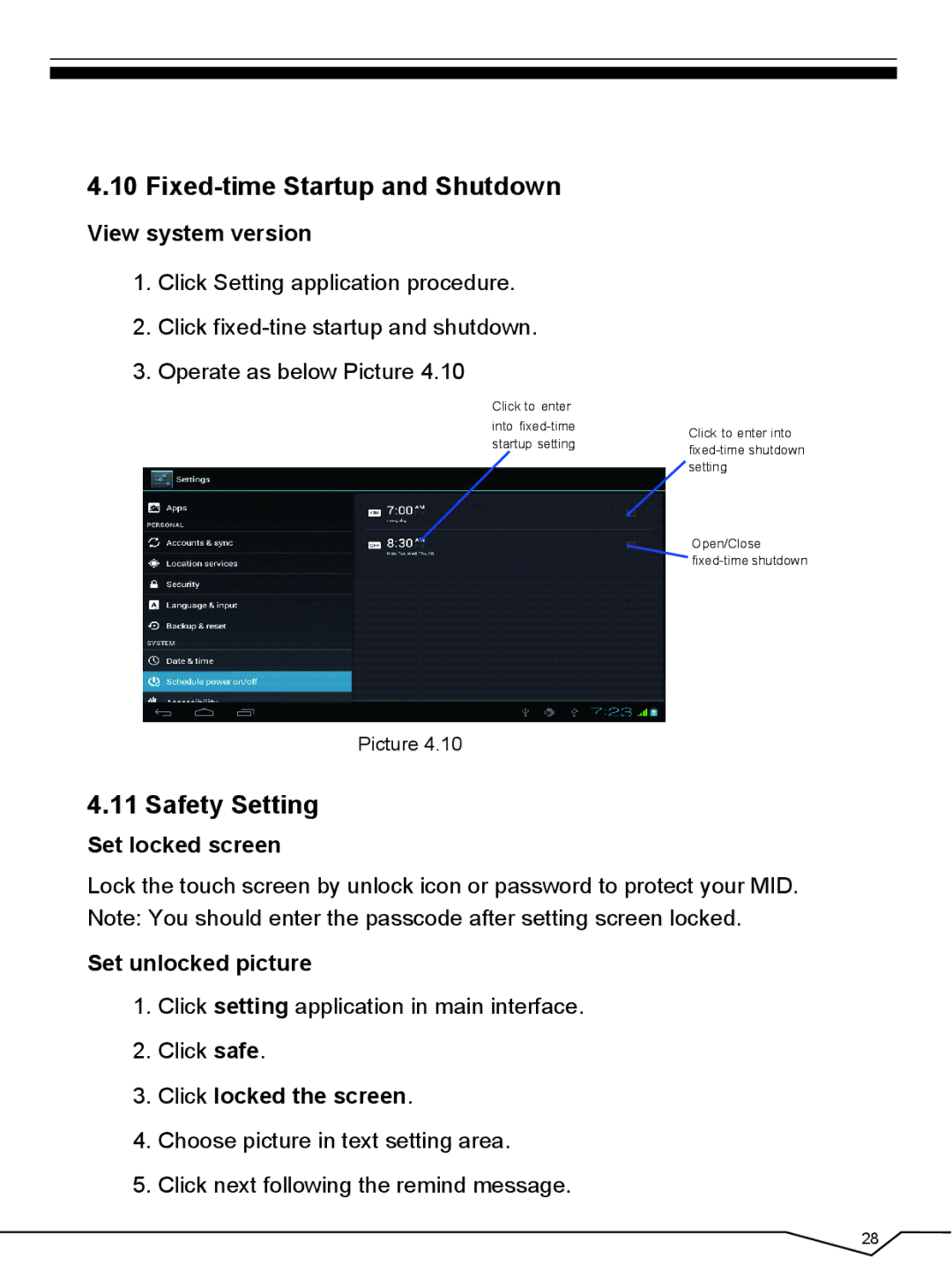 CyberPower 796TPC user manual Fixed-time Startup and Shutdown, Safety Setting, Set locked screen, Set unlocked picture 