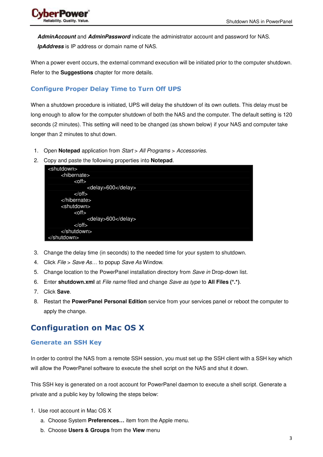 CyberPower AN1302 user manual Configuration on Mac OS, Configure Proper Delay Time to Turn Off UPS, Generate an SSH Key 