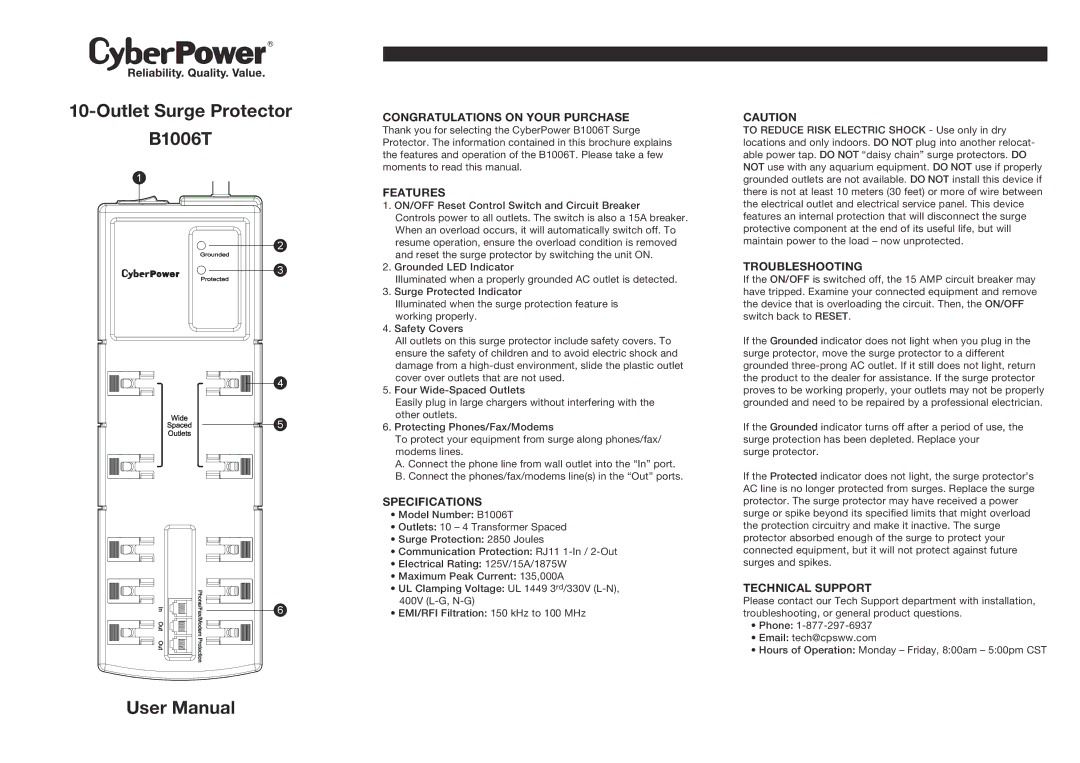 CyberPower B1006T user manual Congratulations on Your Purchase, Features, Specifications, Troubleshooting 