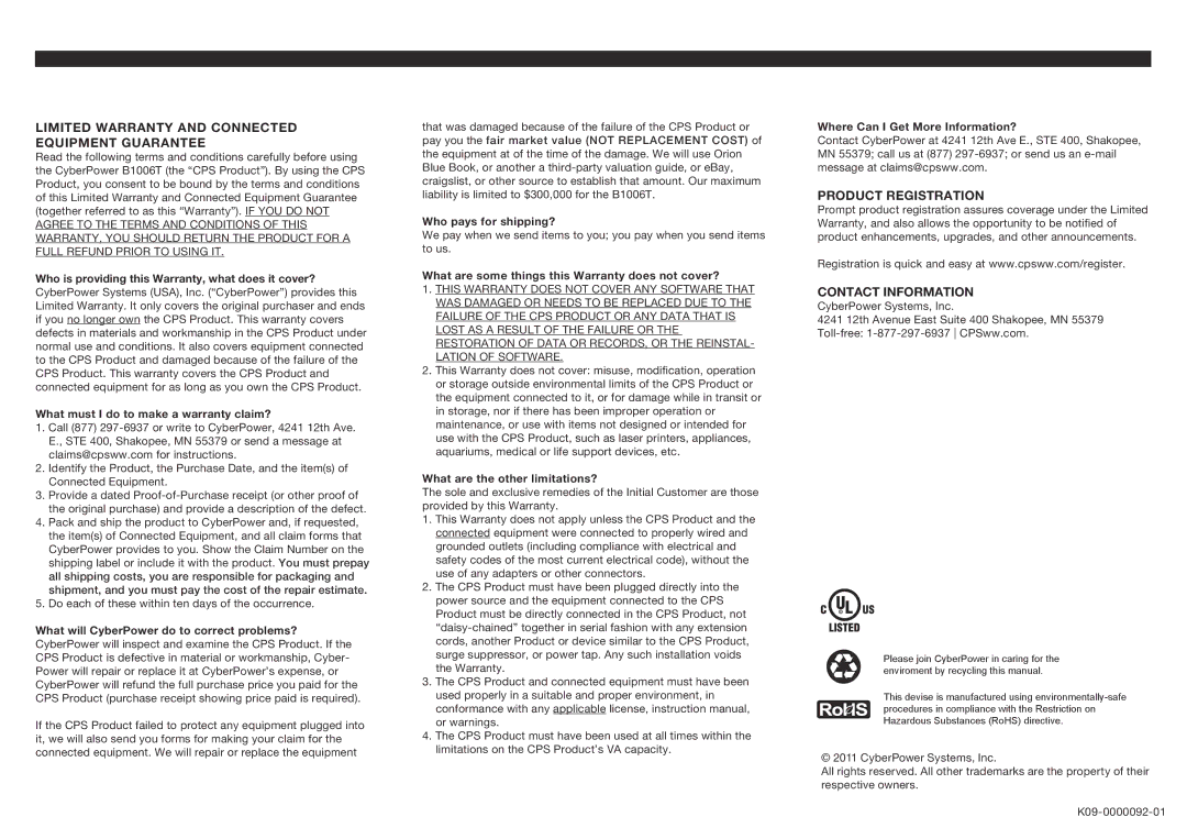 CyberPower B1006T user manual Limited Warranty and Connected Equipment Guarantee, Product Registration, Contact Information 