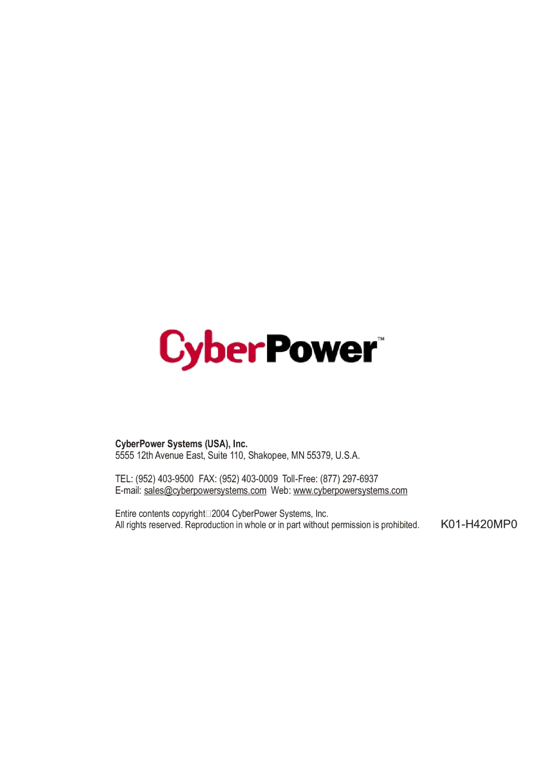 CyberPower CP-H420MP quick start K01-H420MP0 