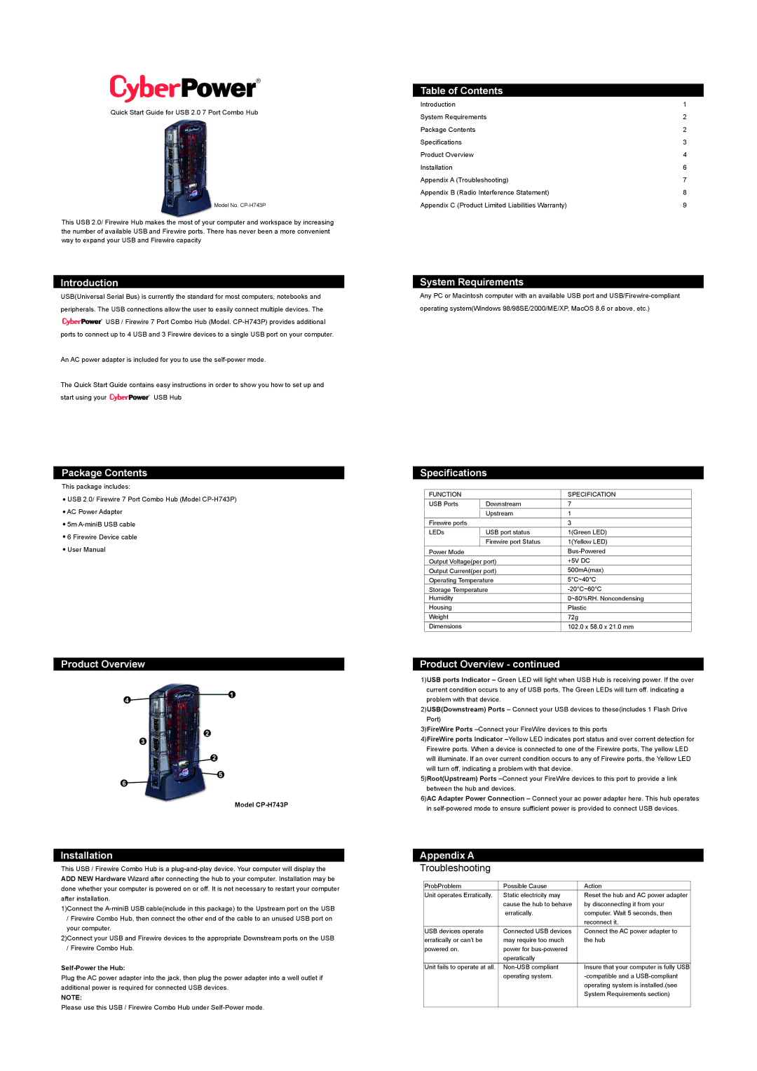 CyberPower CP-H743P specifications Introduction, Table of Contents, System Requirements, Package Contents, Installation 