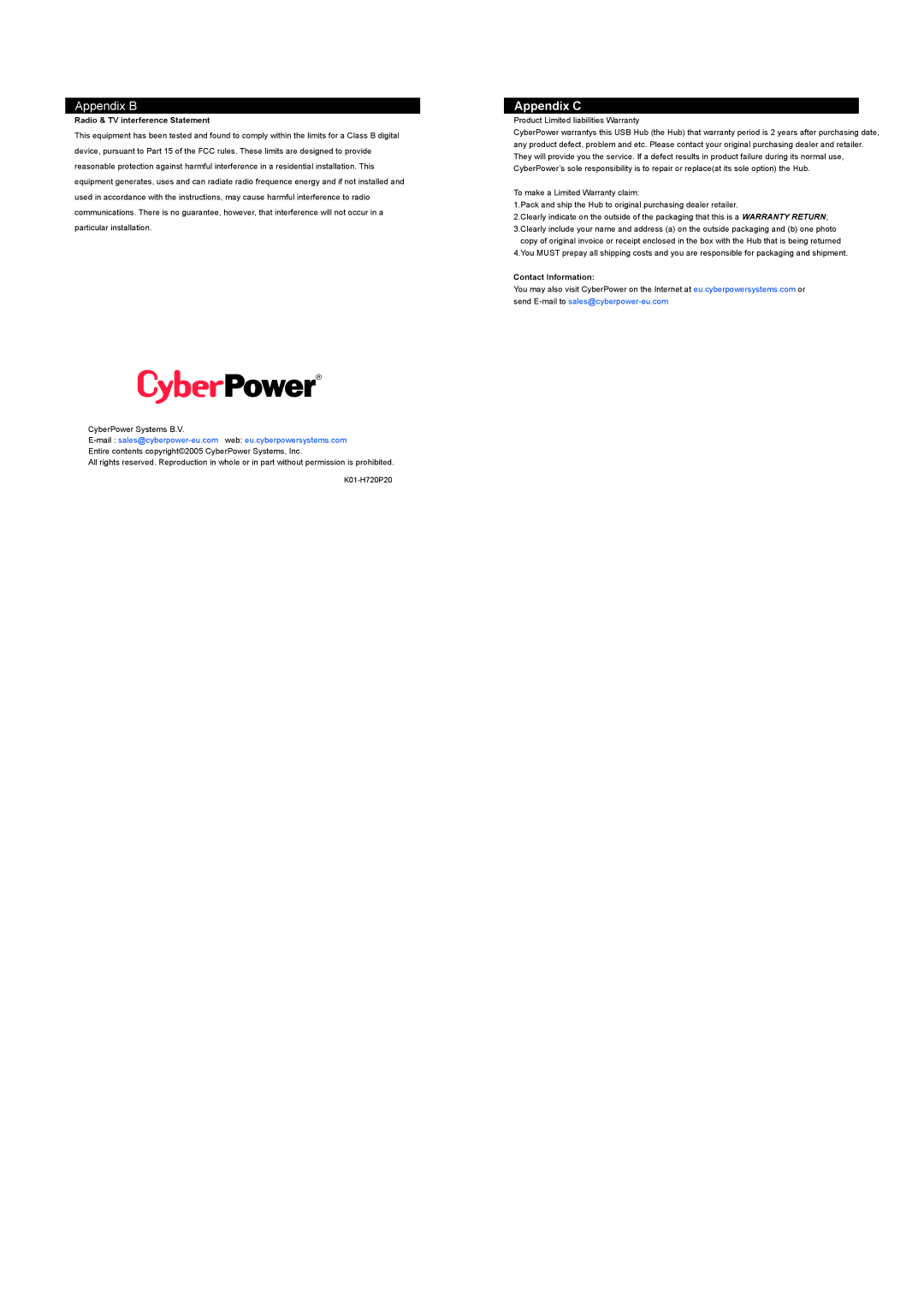 CyberPower CP-H743P specifications Appendix C, Radio & TV interference Statement, Contact Information 