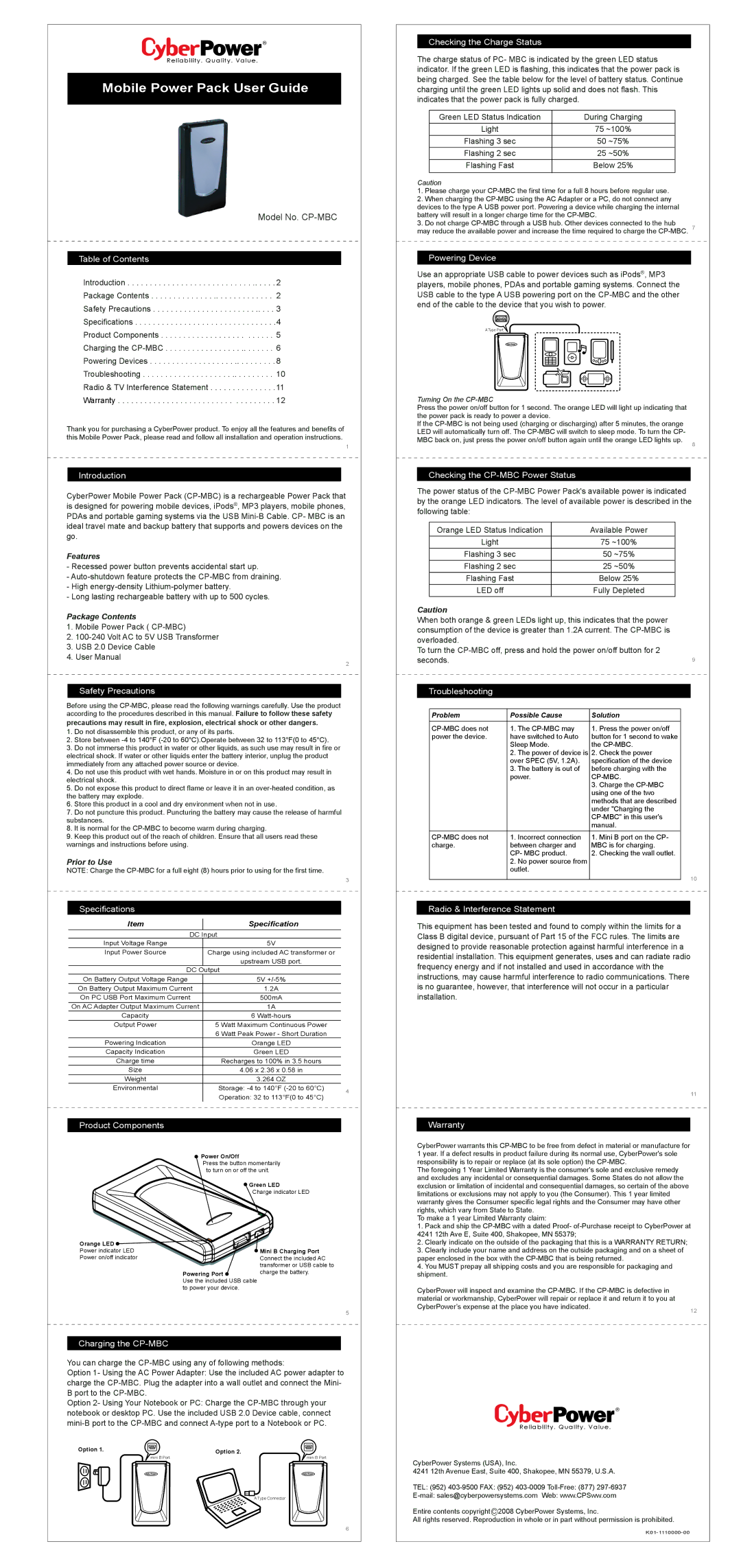 CyberPower CP-MBC specifications Features, Package Contents, Prior to Use 