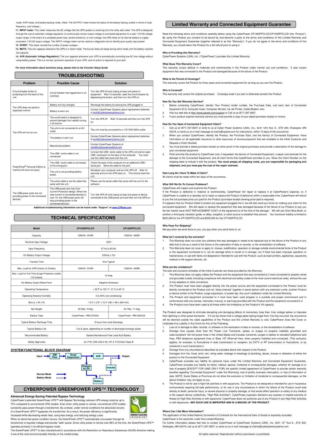 CyberPower CP1350PFCLCD, CP1500PFCLCD Troubleshooting, Technical Specifications, Cyberpower Greenpower UPS Technology 