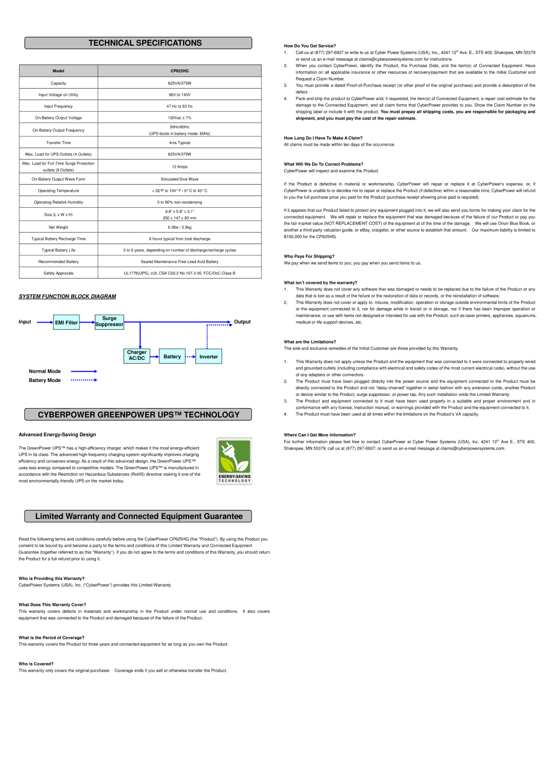 CyberPower CP625HG user manual Technical Specifications, Cyberpower Greenpower UPS Technology 