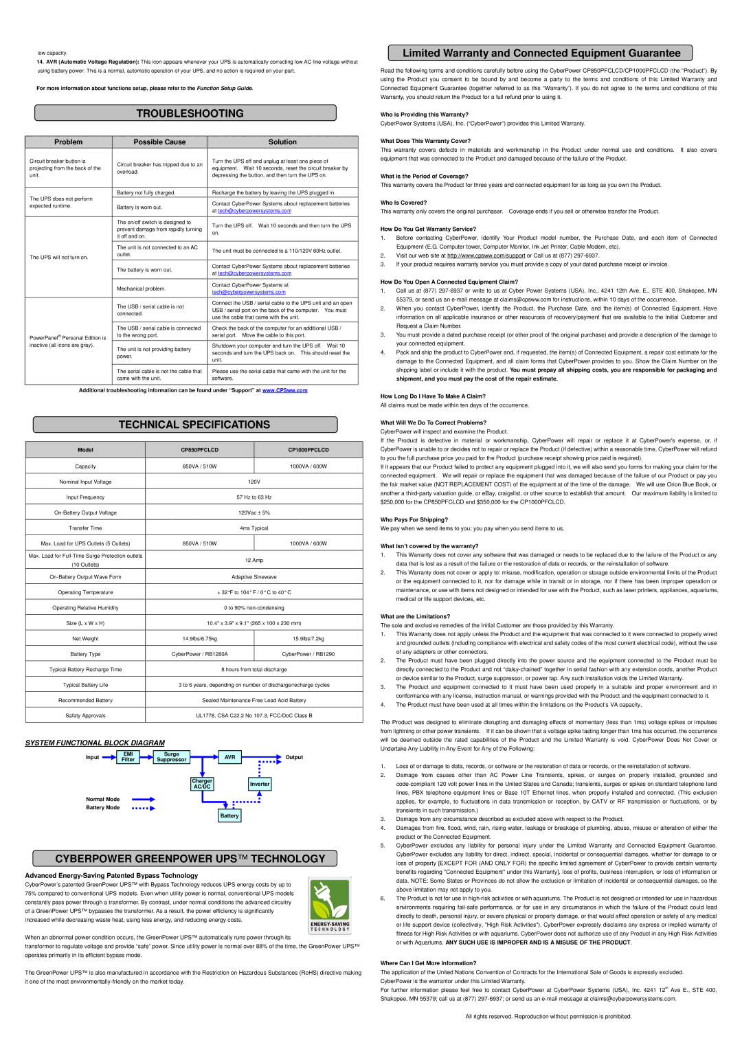 CyberPower CP850PFCLCD, CP100PFCLCD Troubleshooting, Technical Specifications, Cyberpower Greenpower UPS Technology 