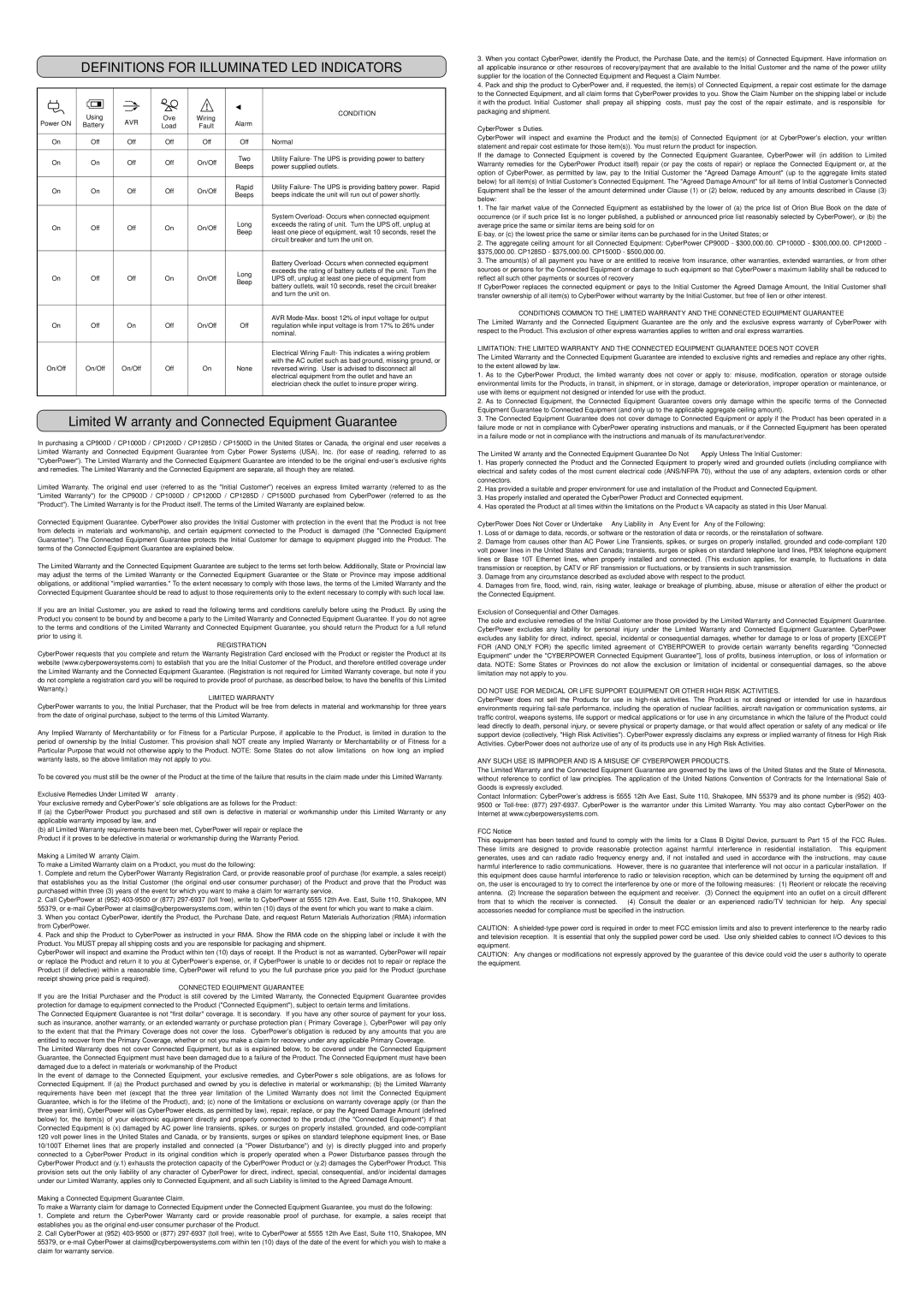 CyberPower CP1200D, CP900D Definitions for Illuminated LED Indicators, Condition, Avr, Registration Limited Warranty 