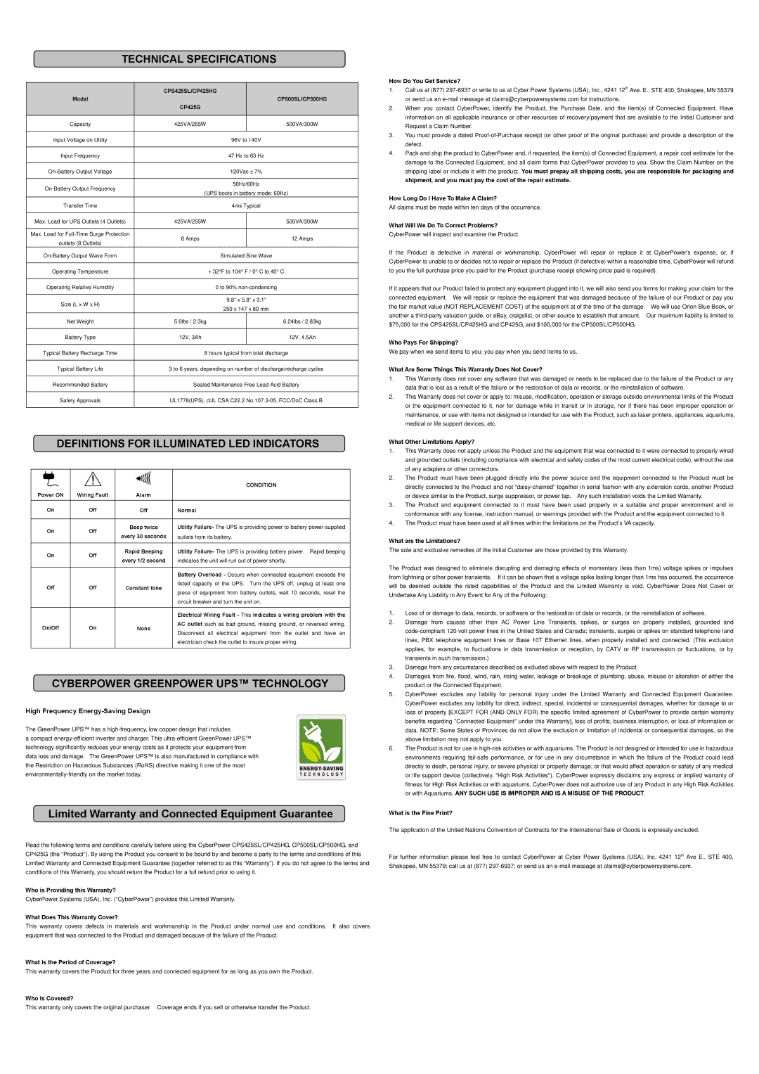 CyberPower CP500SL, CPS425SL, CP500HG, CP425HG, CP425G Technical Specifications, Definitions for Illuminated LED Indicators 