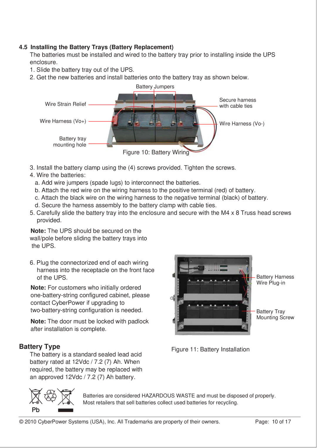 CyberPower CS150U48V3 operation manual Battery Type, Installing the Battery Trays Battery Replacement 