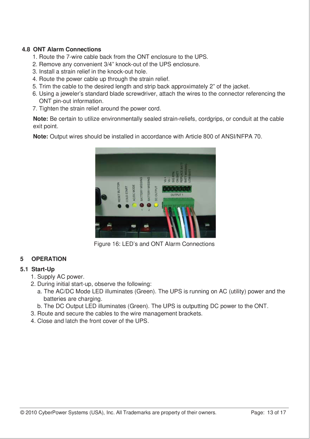 CyberPower CS150U48V3 operation manual ONT Alarm Connections, Start-Up 