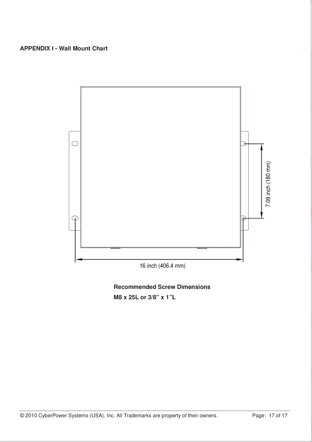 CyberPower CS150U48V3 operation manual Appendix I Wall Mount Chart, Recommended Screw Dimensions M8 x 25L or 3/8 x 1L 