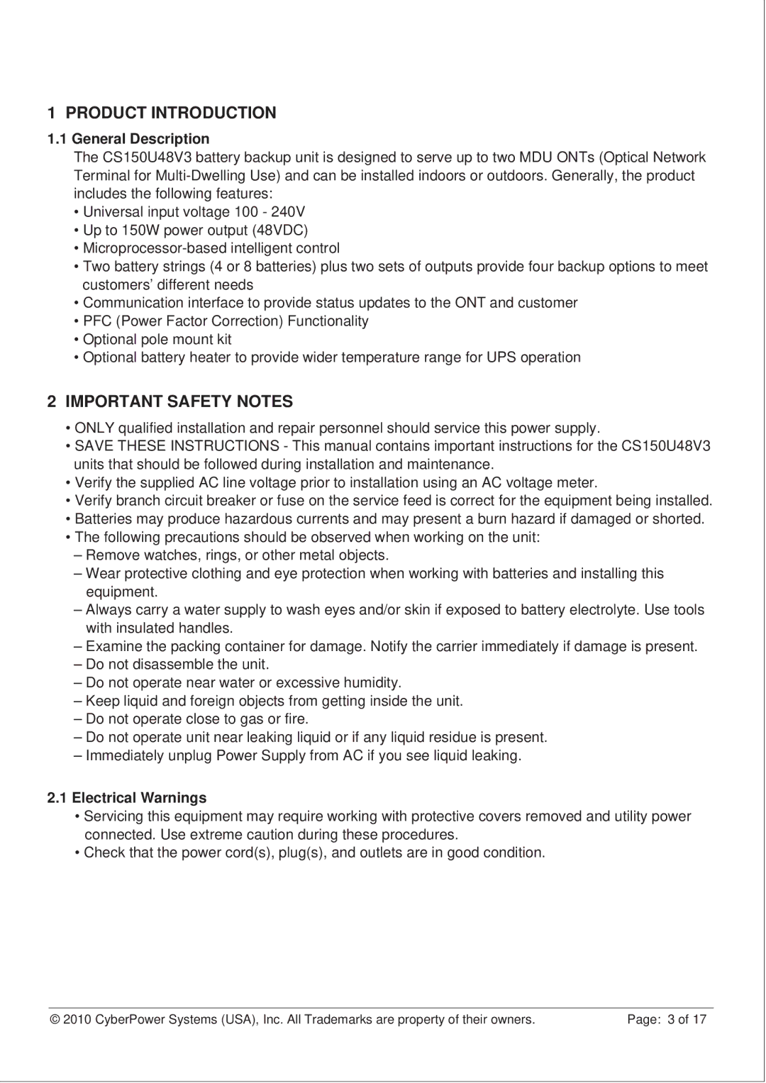 CyberPower CS150U48V3 operation manual General Description, Electrical Warnings 