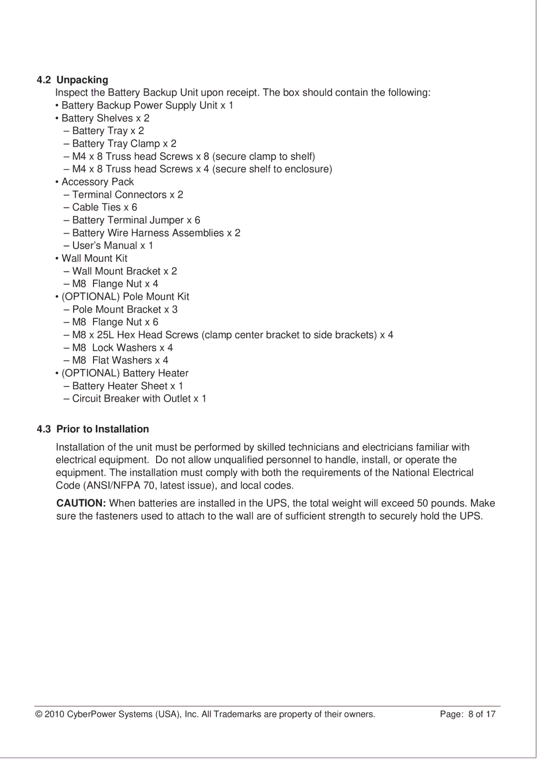 CyberPower CS150U48V3 operation manual Unpacking, Prior to Installation 