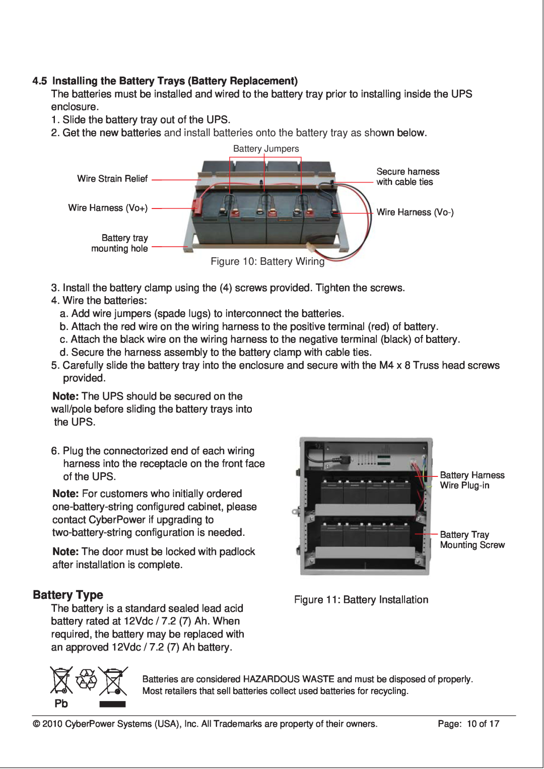 CyberPower CS150U48V3 operation manual Battery Type, Installing the Battery Trays Battery Replacement 