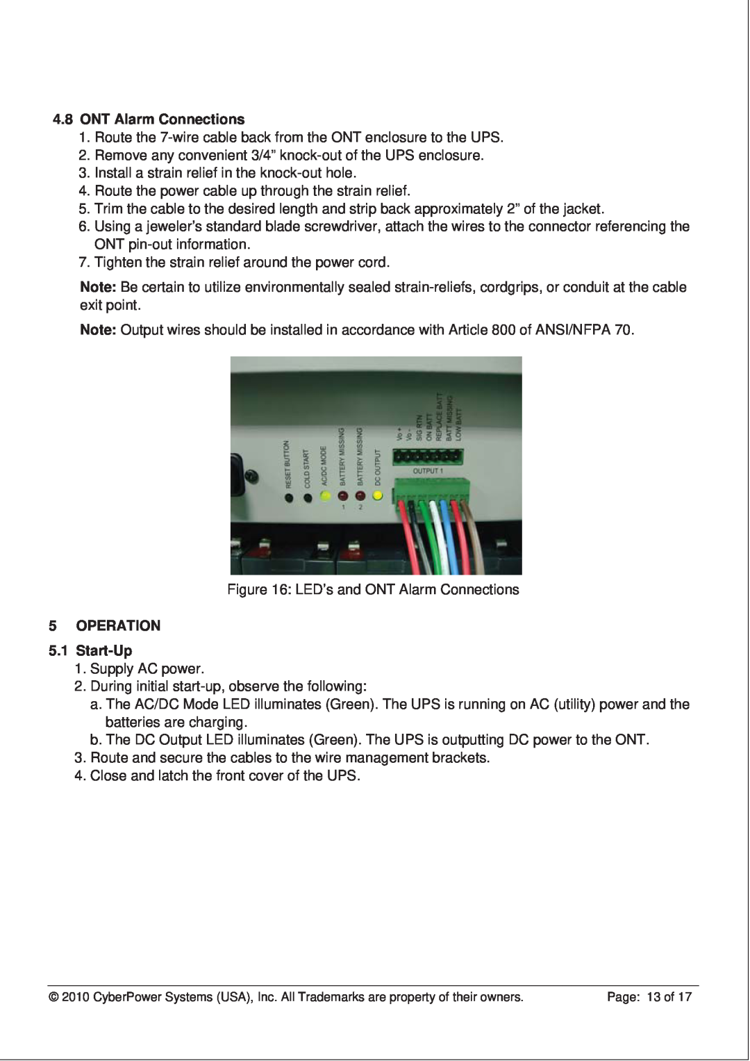 CyberPower CS150U48V3 operation manual ONT Alarm Connections, OPERATION 5.1 Start-Up 