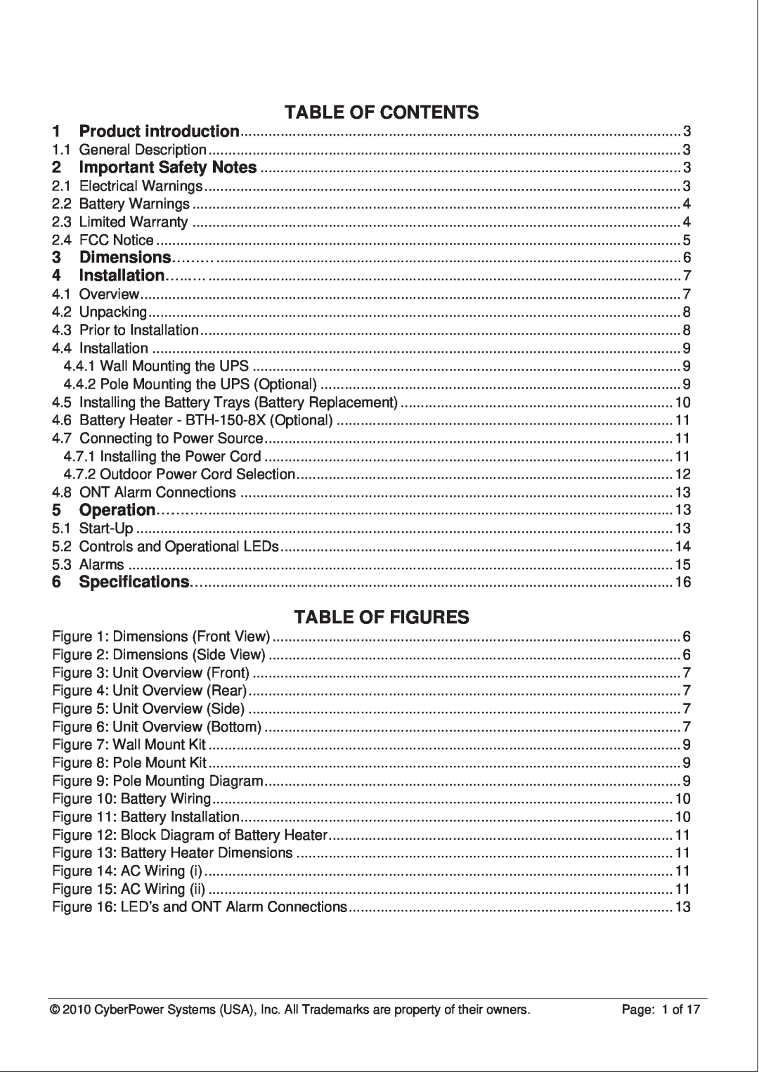 CyberPower CS150U48V3 operation manual Table Of Contents, Table Of Figures 